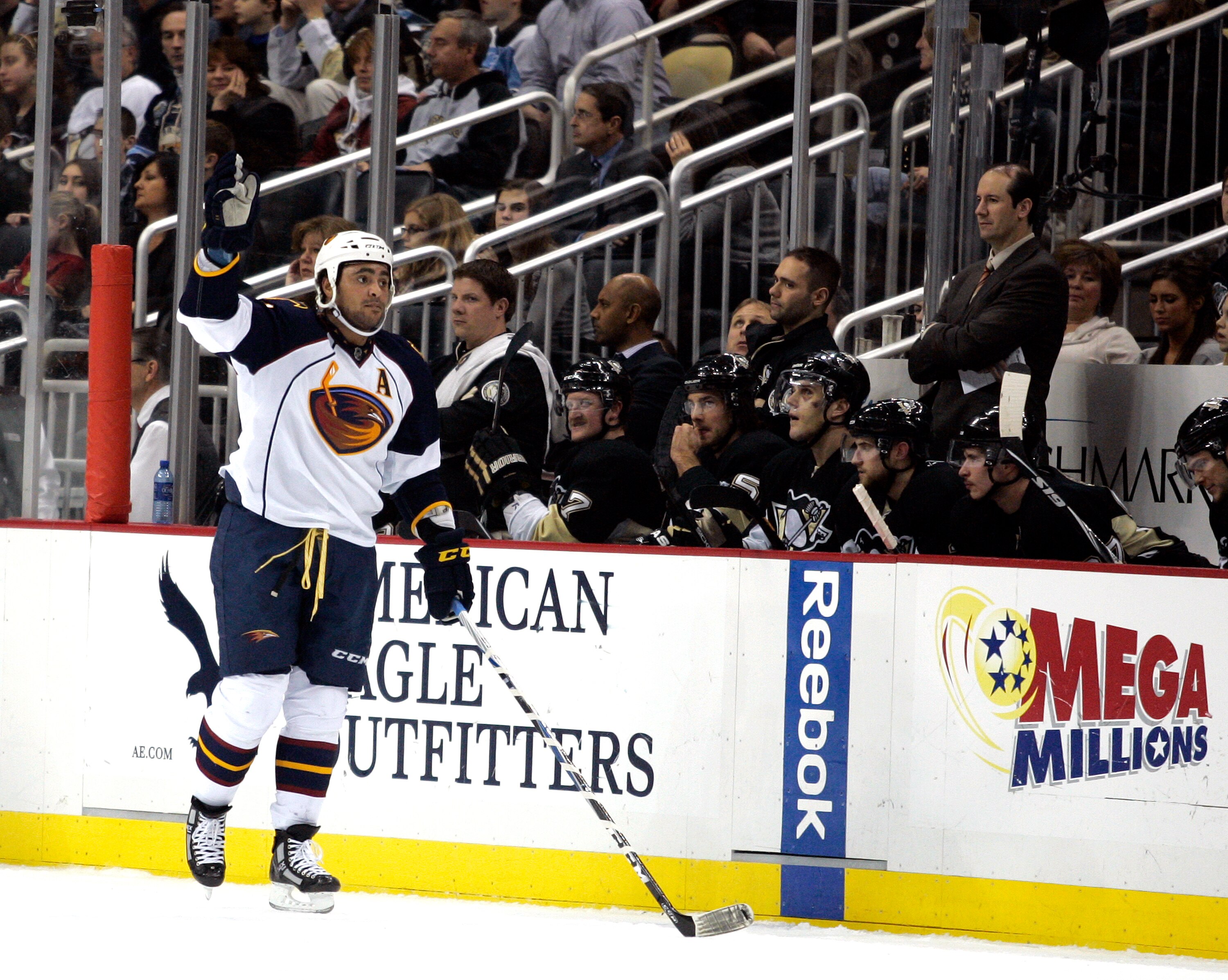 PITTSBURGH, PA - DECEMBER 28:  Dustin Byfuglien #33 of the Atlanta Thrashers celebrates his first period goal against the Pittsburgh Penguins at Consol Energy Center on December 28, 2010 in Pittsburgh, Pennsylvania.  (Photo by Justin K. Aller/Getty Images