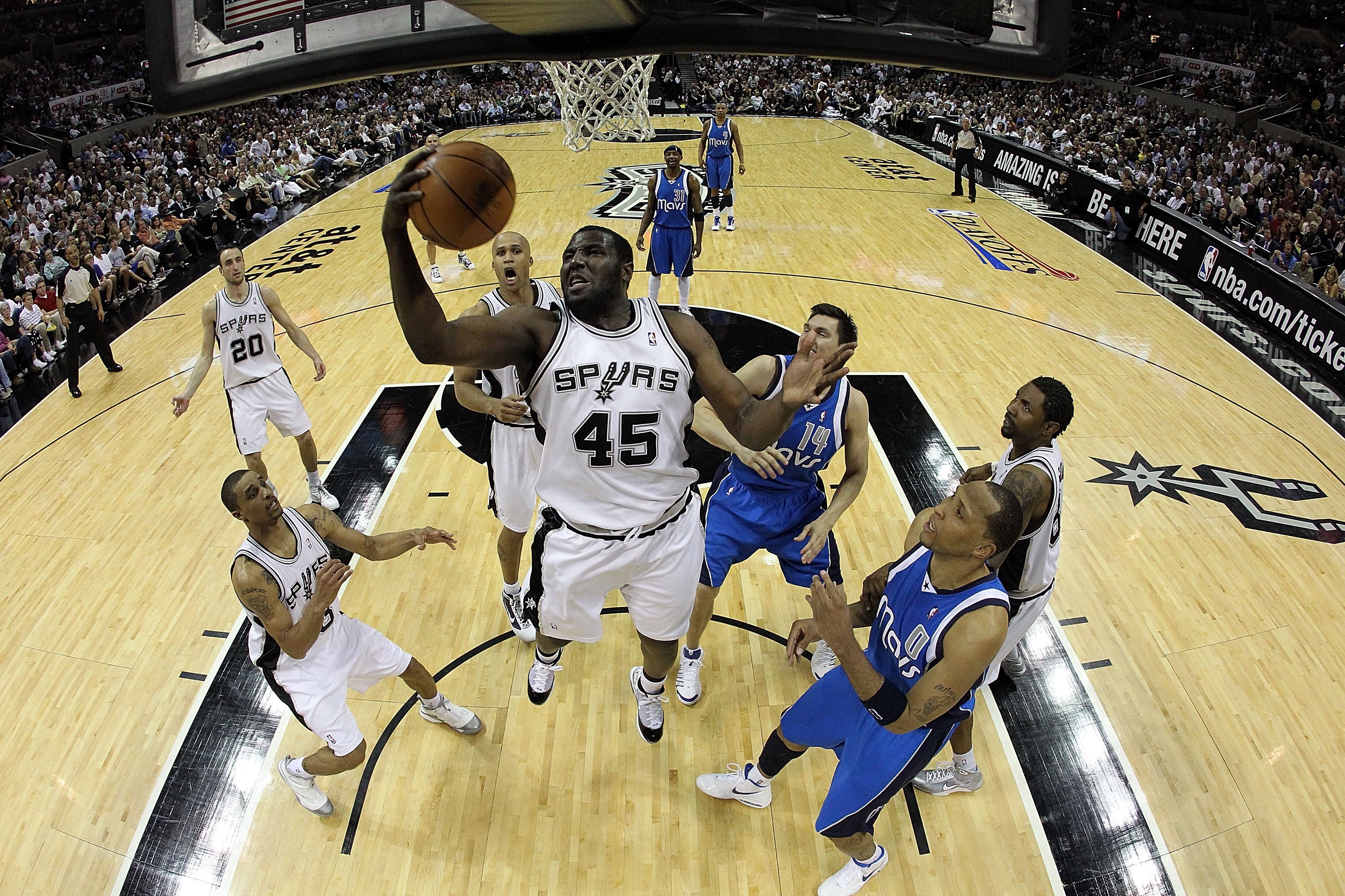SAN ANTONIO - APRIL 23:  DeJuan Blair #45 of the San Antonio Spurs in Game Three of the Western Conference Quarterfinals during the 2010 NBA Playoffs at AT&T Center on April 23, 2010 in San Antonio, Texas. NOTE TO USER: User expressly acknowledges and agr