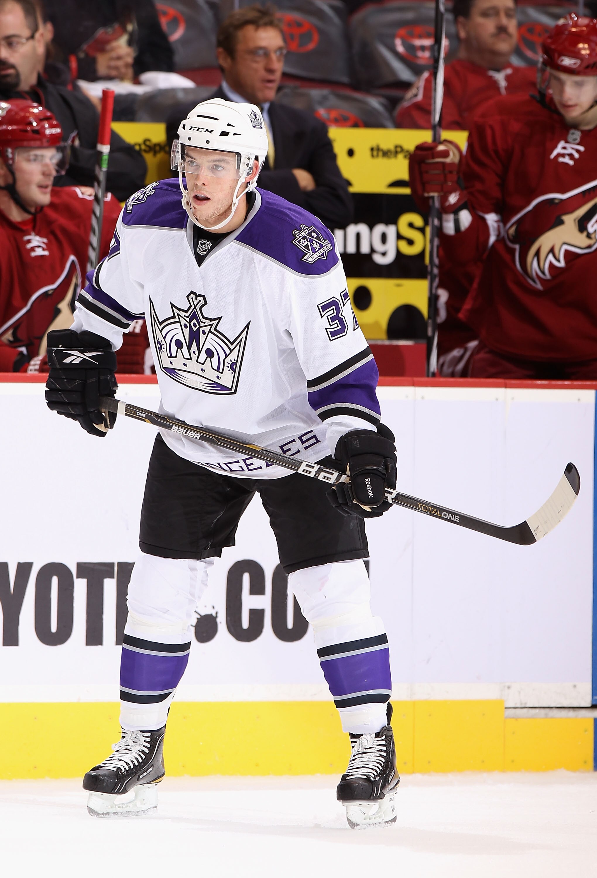 GLENDALE, AZ - SEPTEMBER 23:  Thomas Hickey #37 of the Los Angeles Kings during the preseason NHL game against the Phoenix Coyotes at Jobing.com Arena on September 23, 2010 in Glendale, Arizona. The Coyotes defeated the Kings 2-1 in overtime.  (Photo by C