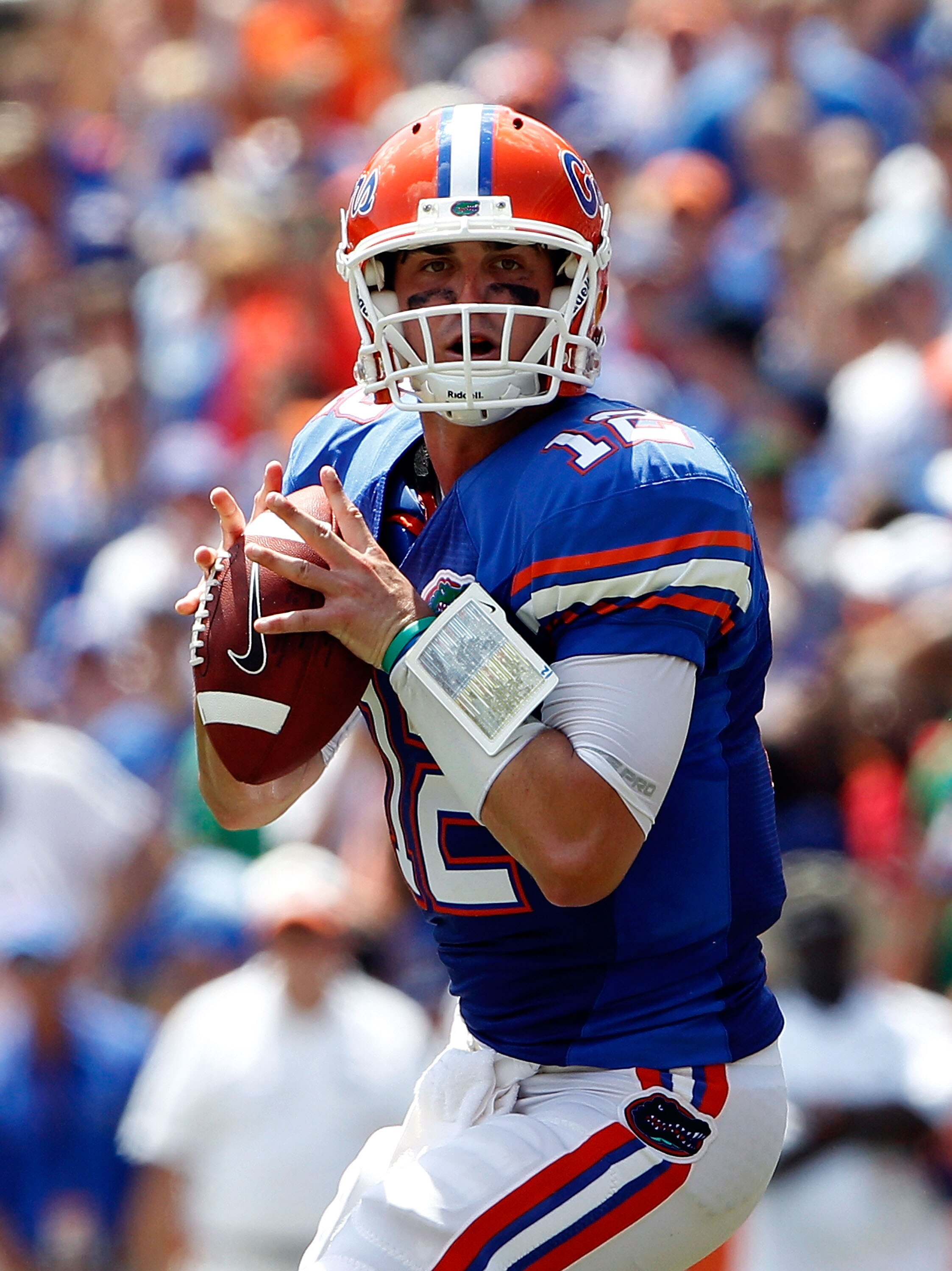 GAINESVILLE, FL - SEPTEMBER 11:  Quarterback John Brantley #12 of the Florida Gators attempts a pass during a game against the South Florida Bulls at Ben Hill Griffin Stadium on September 11, 2010 in Gainesville, Florida.  (Photo by Sam Greenwood/Getty Im