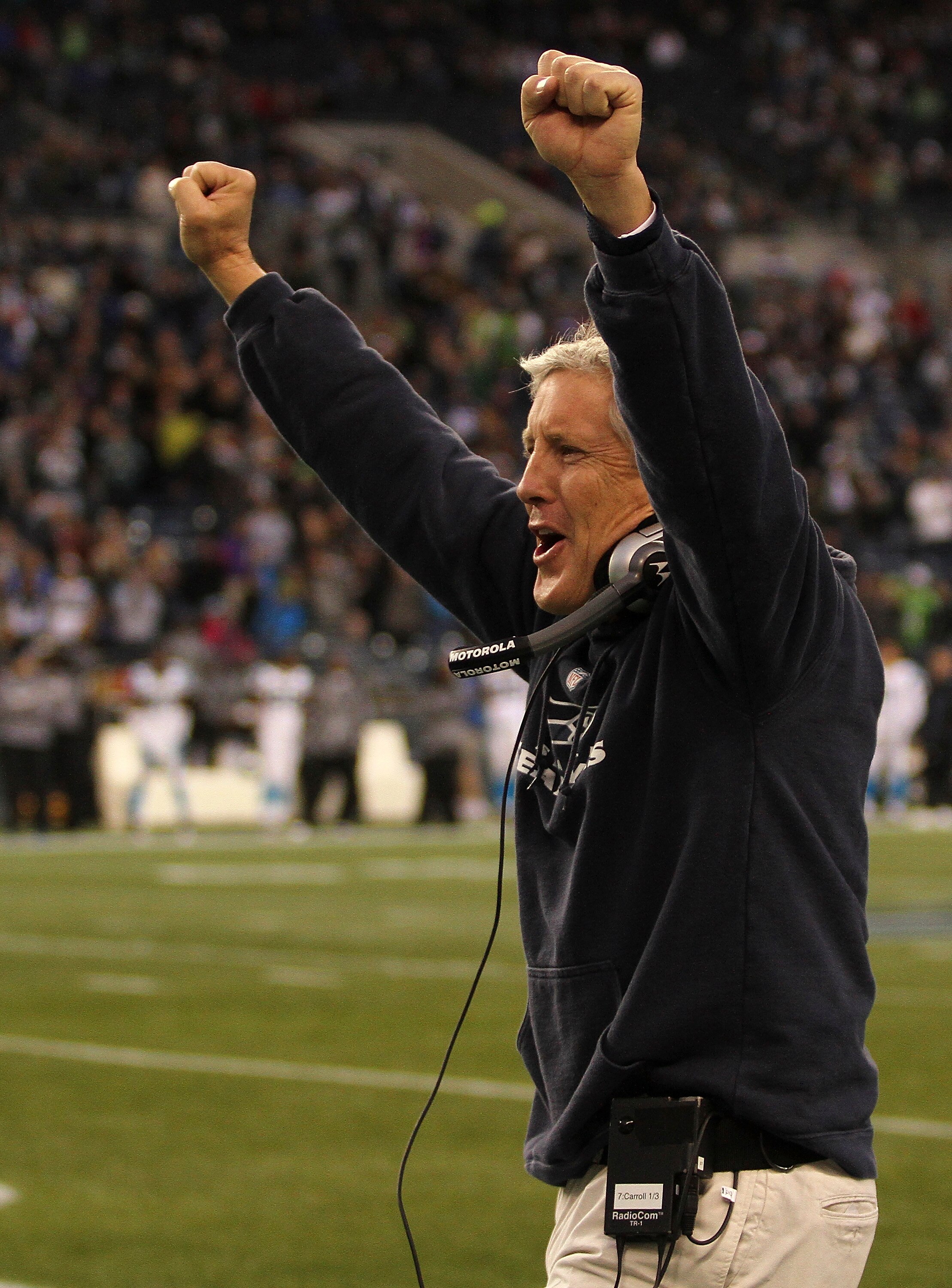 SEATTLE, WA - DECEMBER 05:  Head coach Pete Carroll of the Seattle Seahawks celebrates near the end of the game against the Carolina Panthers at Qwest Field on December 5, 2010 in Seattle, Washington. The Seahawks defeated the Panthers 31-14. (Photo by Ot