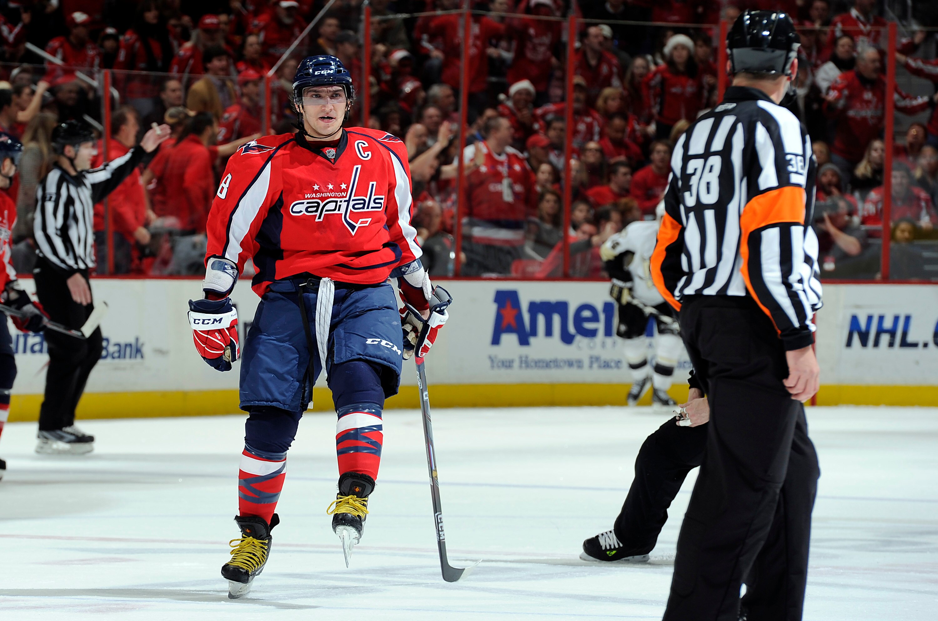 WASHINGTON, DC - DECEMBER 23:  Alex Ovechkin #8 of the Washington Capitals yells at an official after being called for a penalty during the game against the Pittsburgh Penguins at the Verizon Center on December 23, 2010 in Washington DC. The Penguins won