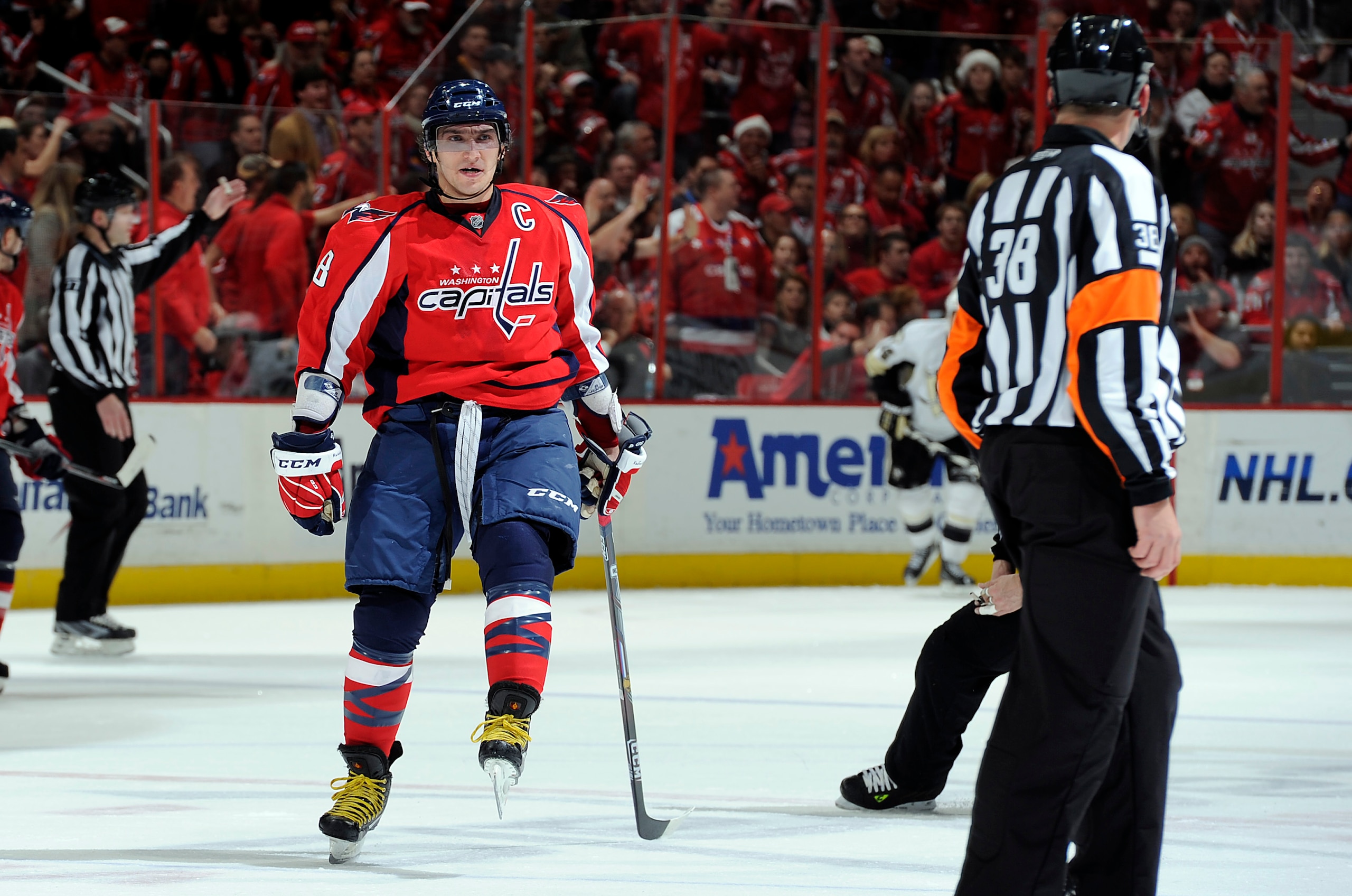WASHINGTON, DC - DECEMBER 23:  Alex Ovechkin #8 of the Washington Capitals yells at an official after being called for a penalty during the game against the Pittsburgh Penguins at the Verizon Center on December 23, 2010 in Washington DC. The Penguins won