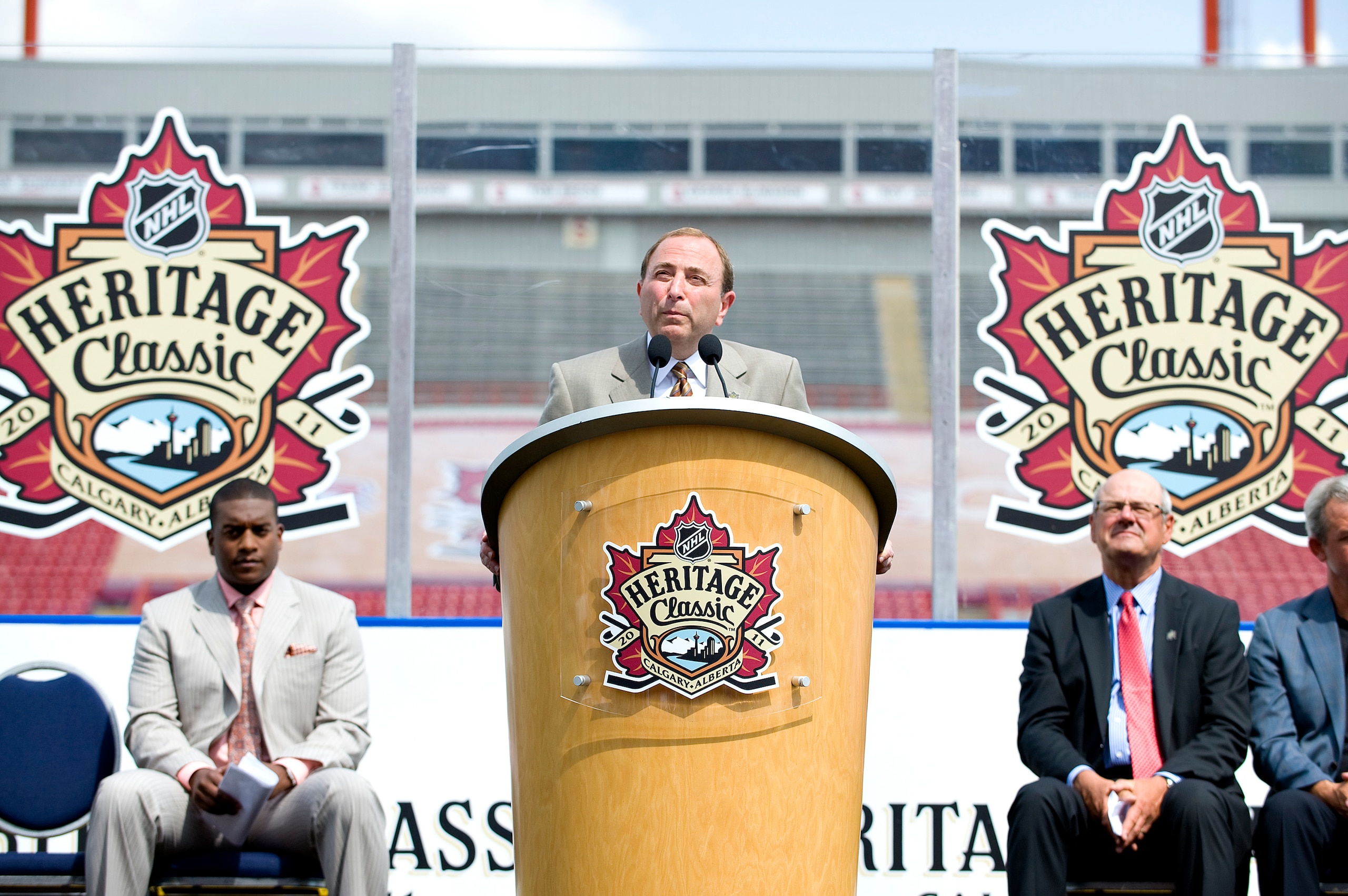 CALGARY, AB, CANADA - AUGUST 4:  NHL Commissioner Gary Bettman addresses the media at the NHL Heritage Classic Press Conference at McMahon Stadium on August 4, 2010 in Calgary, Alberta, Canada.  (Photo by Dylan Lynch/Getty Images)