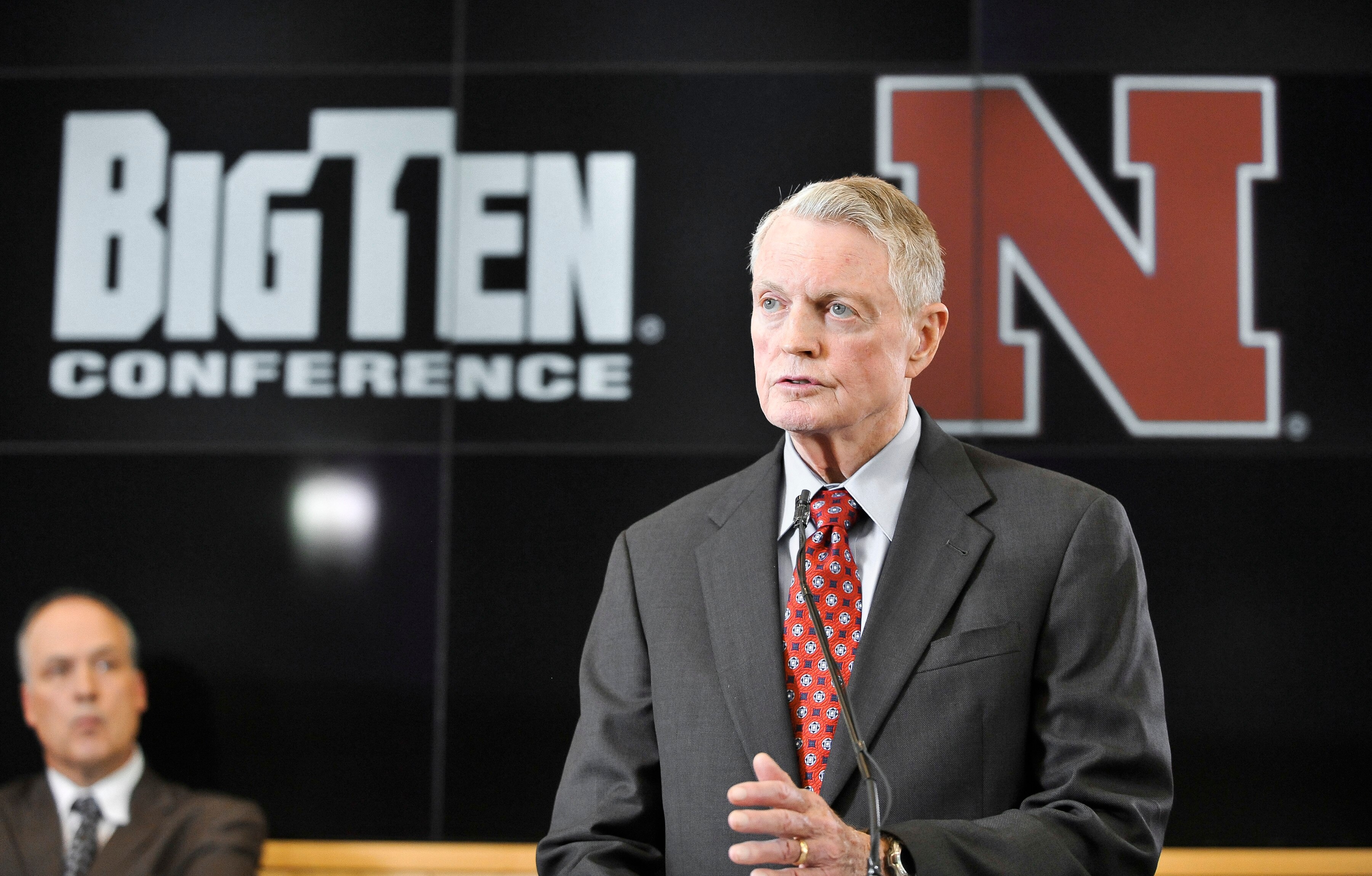 LINCOLN, NE  - JUNE 11: University of Nebraska Athletic Director Tom Osbourne informs members of the media that the University of Nebraska has been accepted into the Big Ten conference  June 11, 2010 in Lincoln, Nebraska.  The university will begin integr
