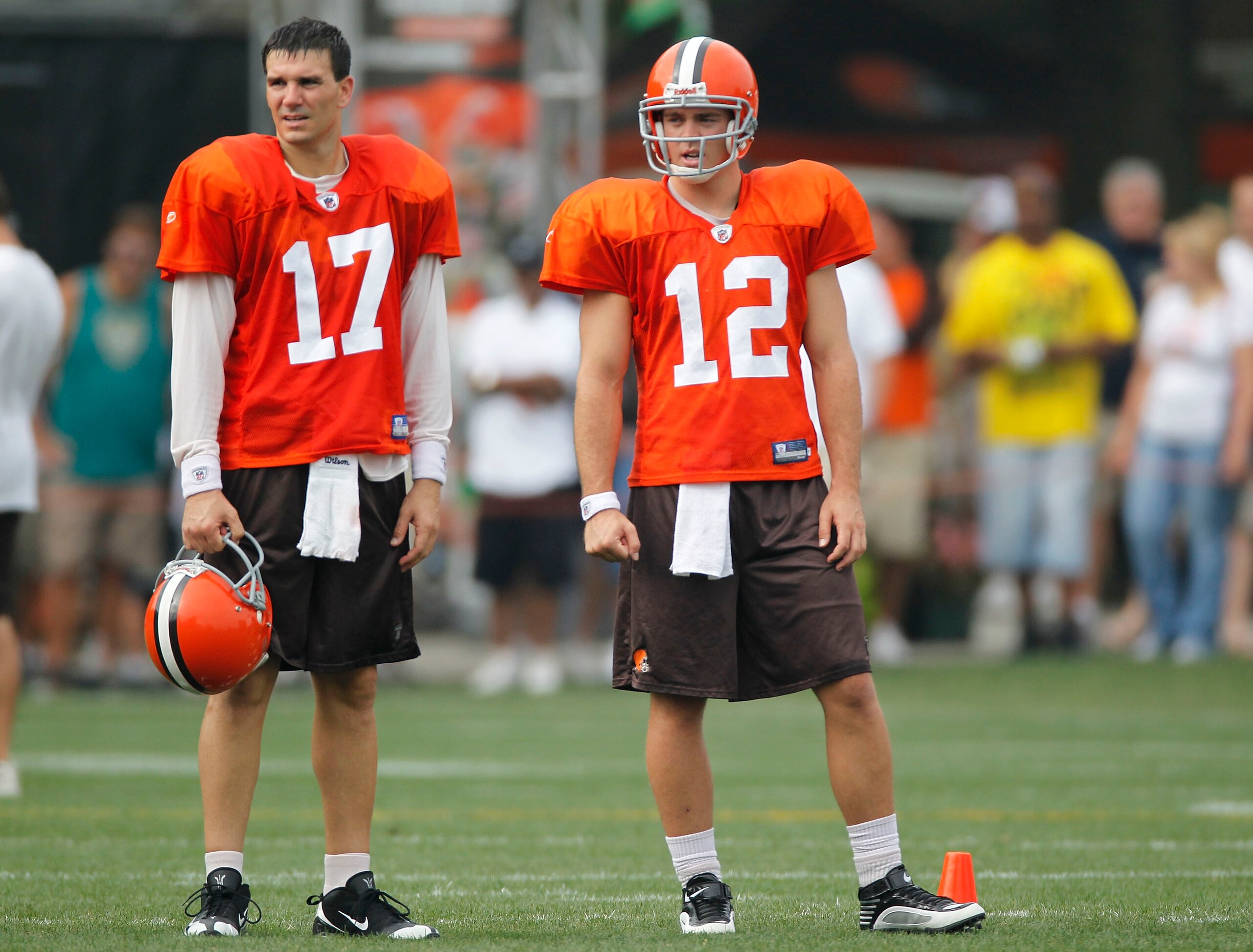 BEREA, OH - AUGUST 04:  Jake Delhomme #17 and Colt McCoy #12 of the Cleveland Browns stand next to each other during training camp at the Cleveland Browns Training and Administrative Complex on August 4, 2010 in Berea, Ohio.  (Photo by Gregory Shamus/Gett