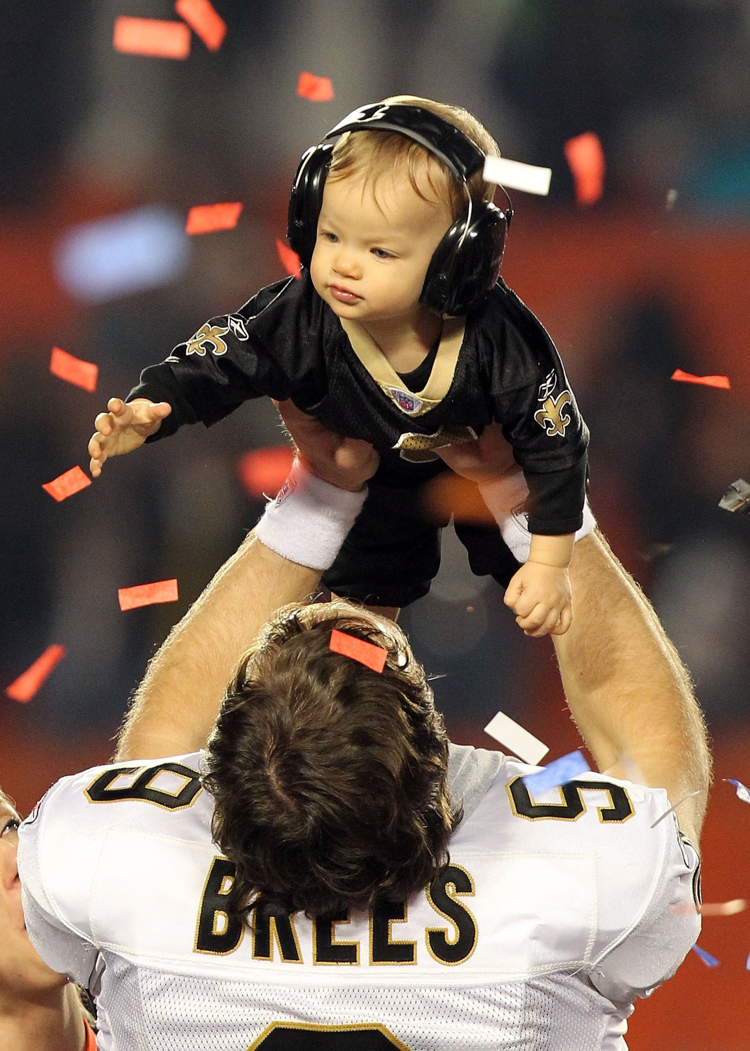 MIAMI GARDENS, FL - FEBRUARY 07: Drew Brees #9 of the New Orleans Saints celebrates with his son Baylen Brees after defeating the Indianapolis Colts during Super Bowl XLIV on February 7, 2010 at Sun Life Stadium in Miami Gardens, Florida. (Photo by Rona MIAMI GARDENS, FL - FEBRUARY 07: Drew Brees #9 of the New Orleans Saints celebrates with his son Baylen Brees after defeating the Indianapolis Colts during Super Bowl XLIV on February 7, 2010 at Sun Life Stadium in Miami Gardens, Florida. (Photo by Rona