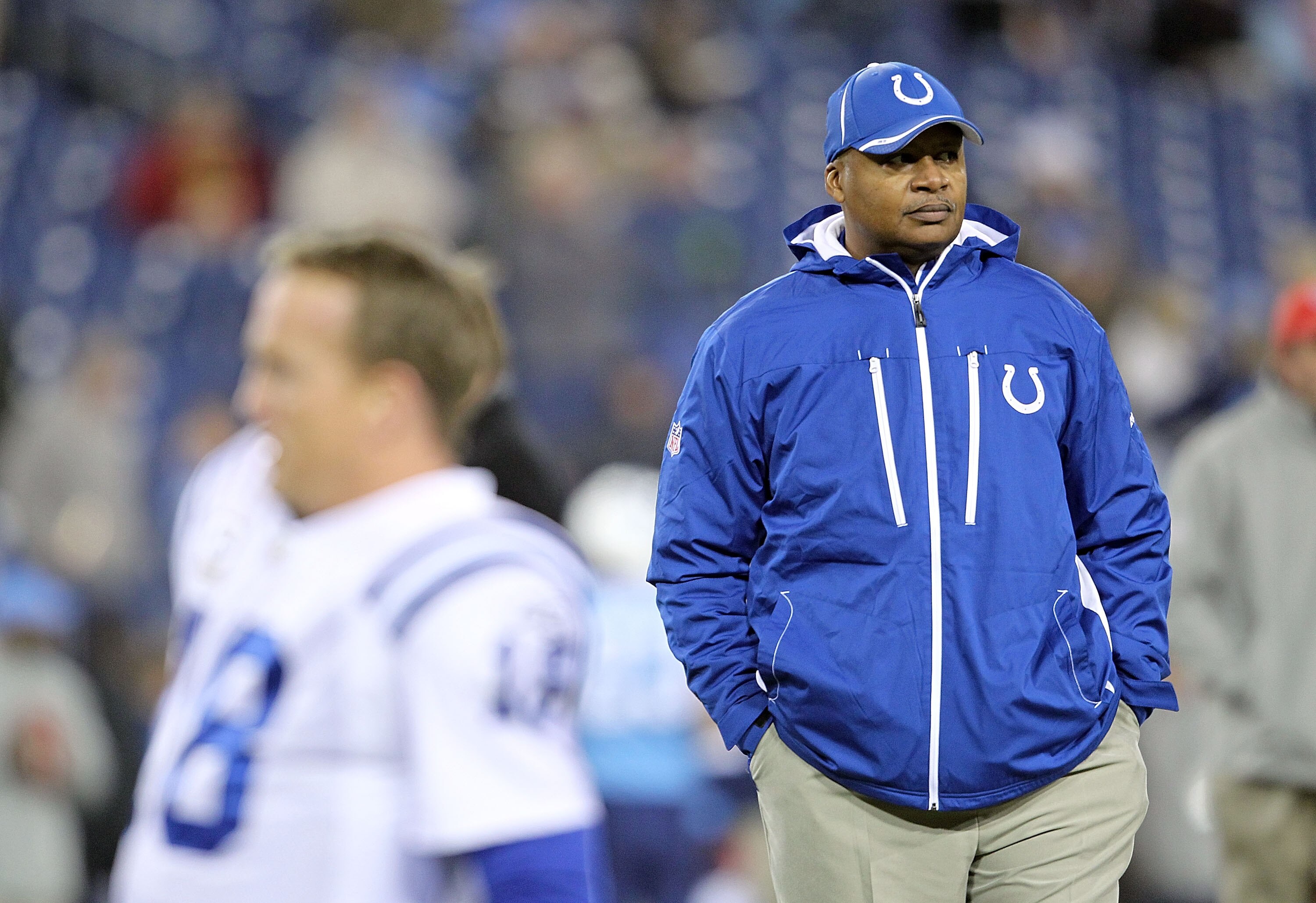 NASHVILLE, TN - DECEMBER 09:  Jim Caldwell the Head Coach of the Indianapolis Colts watches his team stretch before the NFL game against the Tennessee Titans  at LP Field on December 9, 2010 in Nashville, Tennessee.  (Photo by Andy Lyons/Getty Images)
