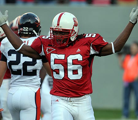 North Carolina State linebacker Nate Irving fires up the troops against the Virginia Cavaliers.