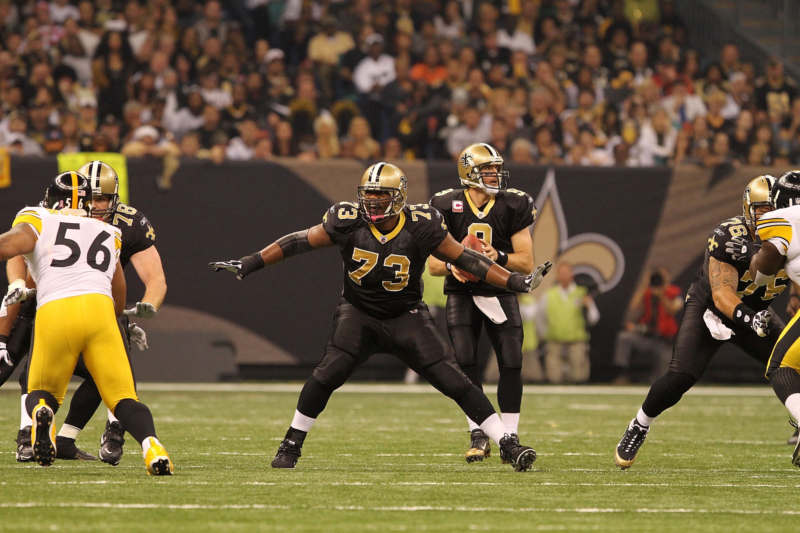 NEW ORLEANS, LA - OCTOBER 31: Jahri Evans #73 of the New Orleans Saints in action during the game against the Pittsburgh Steelers at the Louisiana Superdome on October 31, 2010 in New Orleans, Louisiana. (Photo by Matthew Sharpe/Getty Images) NEW ORLEANS, LA - OCTOBER 31: Jahri Evans #73 of the New Orleans Saints in action during the game against the Pittsburgh Steelers at the Louisiana Superdome on October 31, 2010 in New Orleans, Louisiana. (Photo by Matthew Sharpe/Getty Images)
