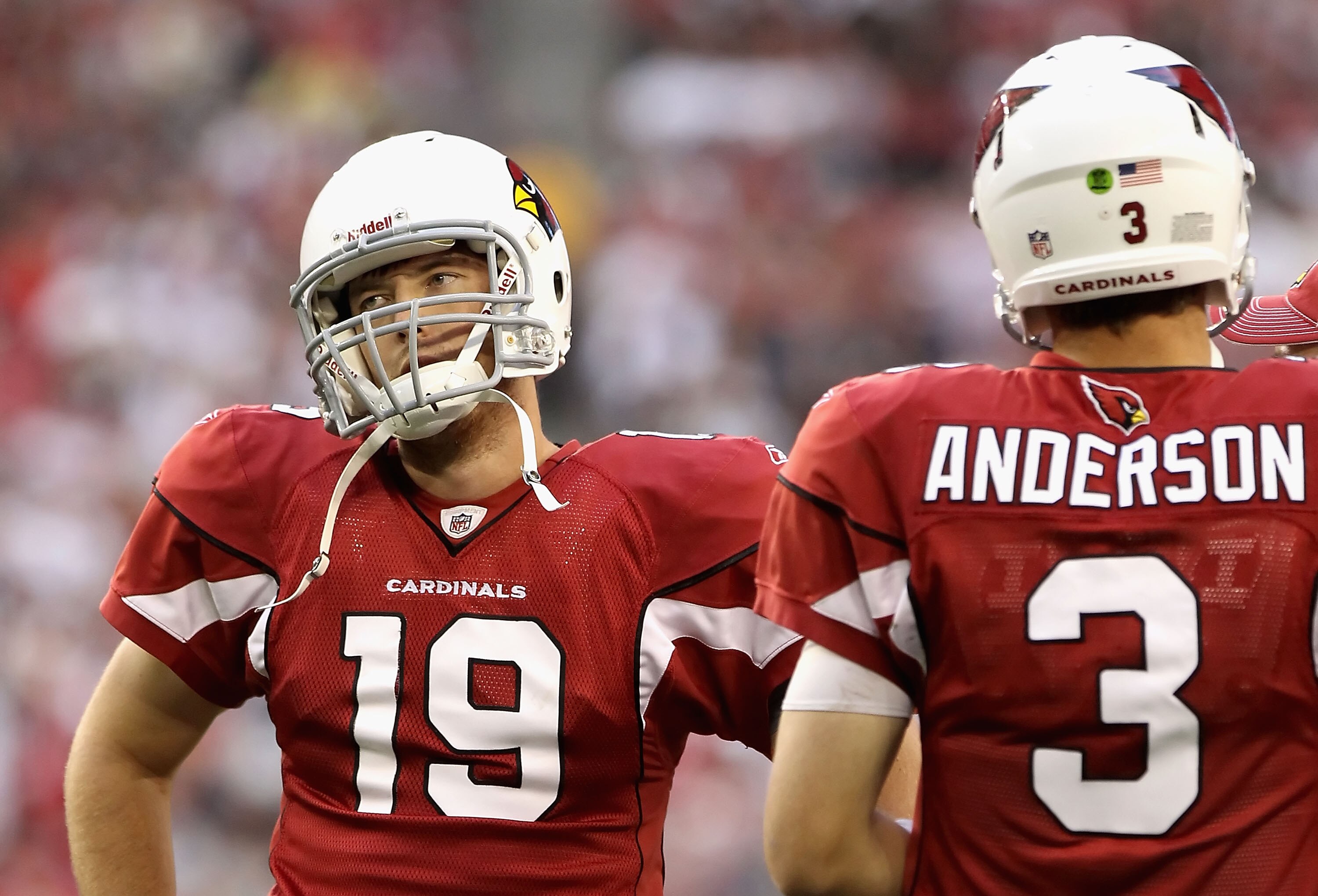 GLENDALE, AZ - DECEMBER 05:  Quarterback John Skelton #19 of the Arizona Cardinals talks with Derek Anderson #3 on the sidelines during the NFL game against the St. Louis Rams at the University of Phoenix Stadium on December 5, 2010 in Glendale, Arizona.