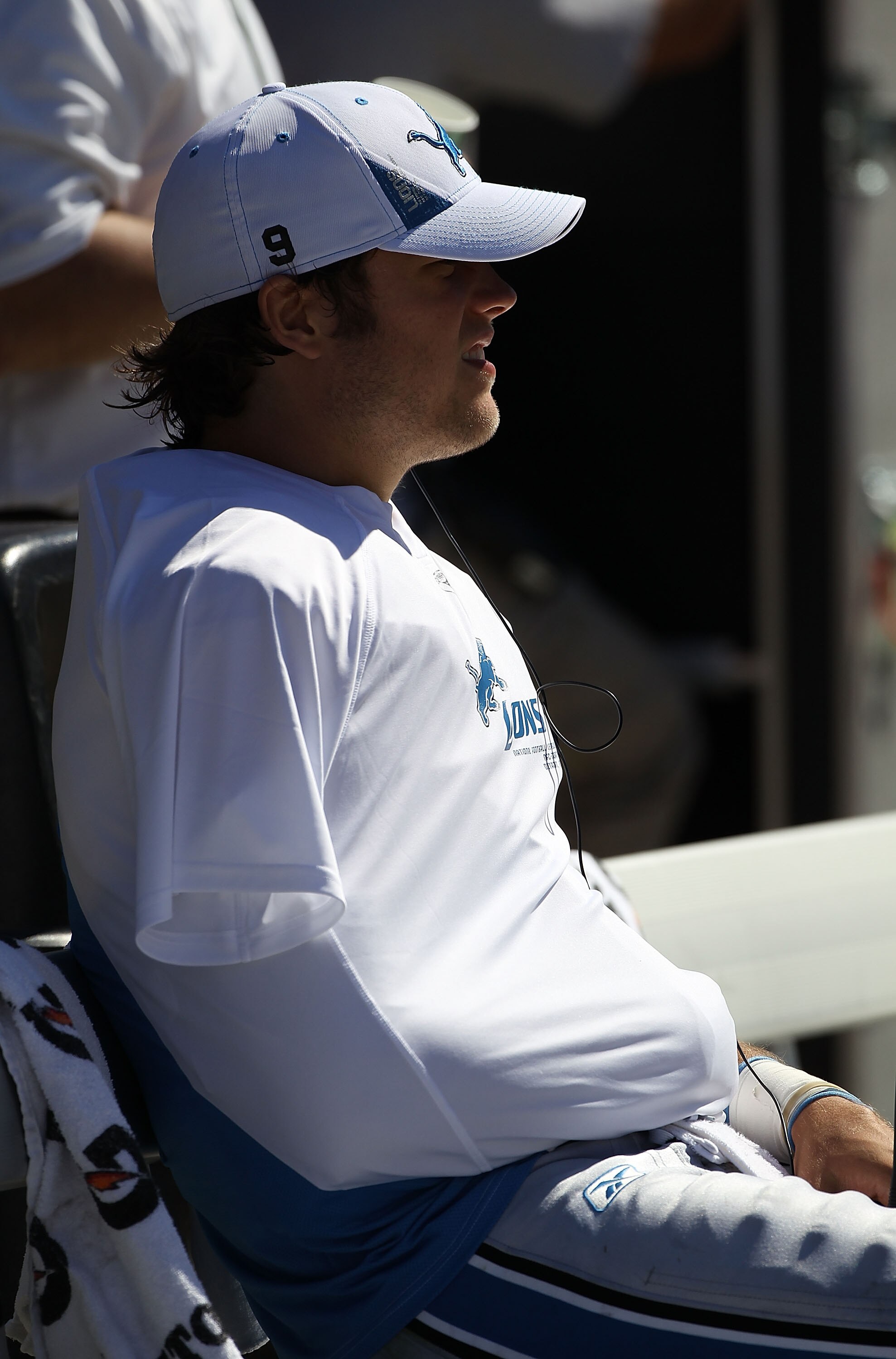 CHICAGO - SEPTEMBER 12: Quarterback Matthew Stafford #9 of the Detroit Lions sits on the bench in the 3rd quarter after being injured during the NFL season opening game against the Chicago Bears at Soldier Field on September 12, 2010 in Chicago, Illinois.