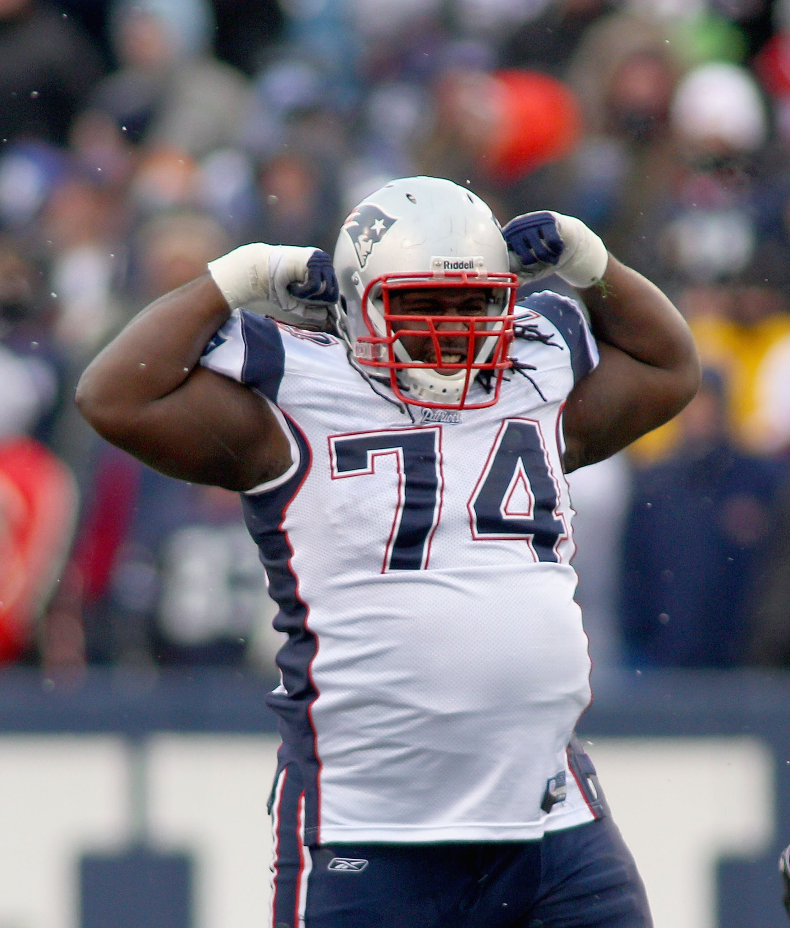 ORCHARD PARK, NY - DECEMBER 26: Kyle Love #74  of the New England Patriots celebrates his sack on Ryan Fitzpatrick #14 of the Buffalo Bills (not shown)  at Ralph Wilson Stadium on December 26, 2010 in Orchard Park, New York. New England won 34-3. (Photo b