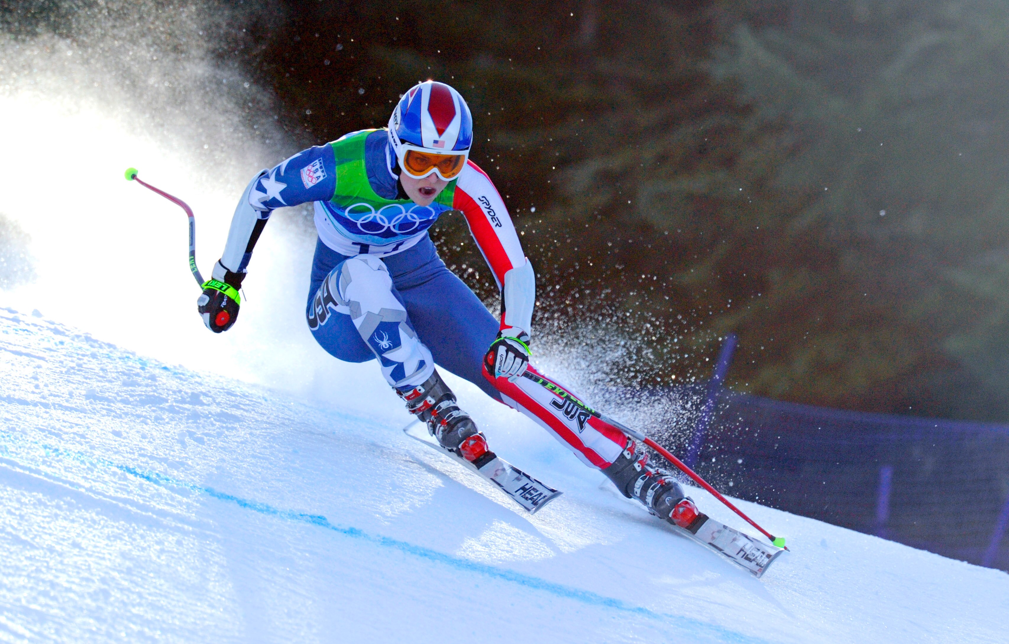 WHISTLER CREEKSIDE, CANADA - FEBRUARY 20: (FRANCE OUT) Lindsey Vonn of the USA skis and wins the bronze medal during the Women's Alpine Skiing Super-G on Day 9 of the 2010 Vancouver Winter Olympic Games on February 20, 2010 in Whistler Creekside, Canada.
