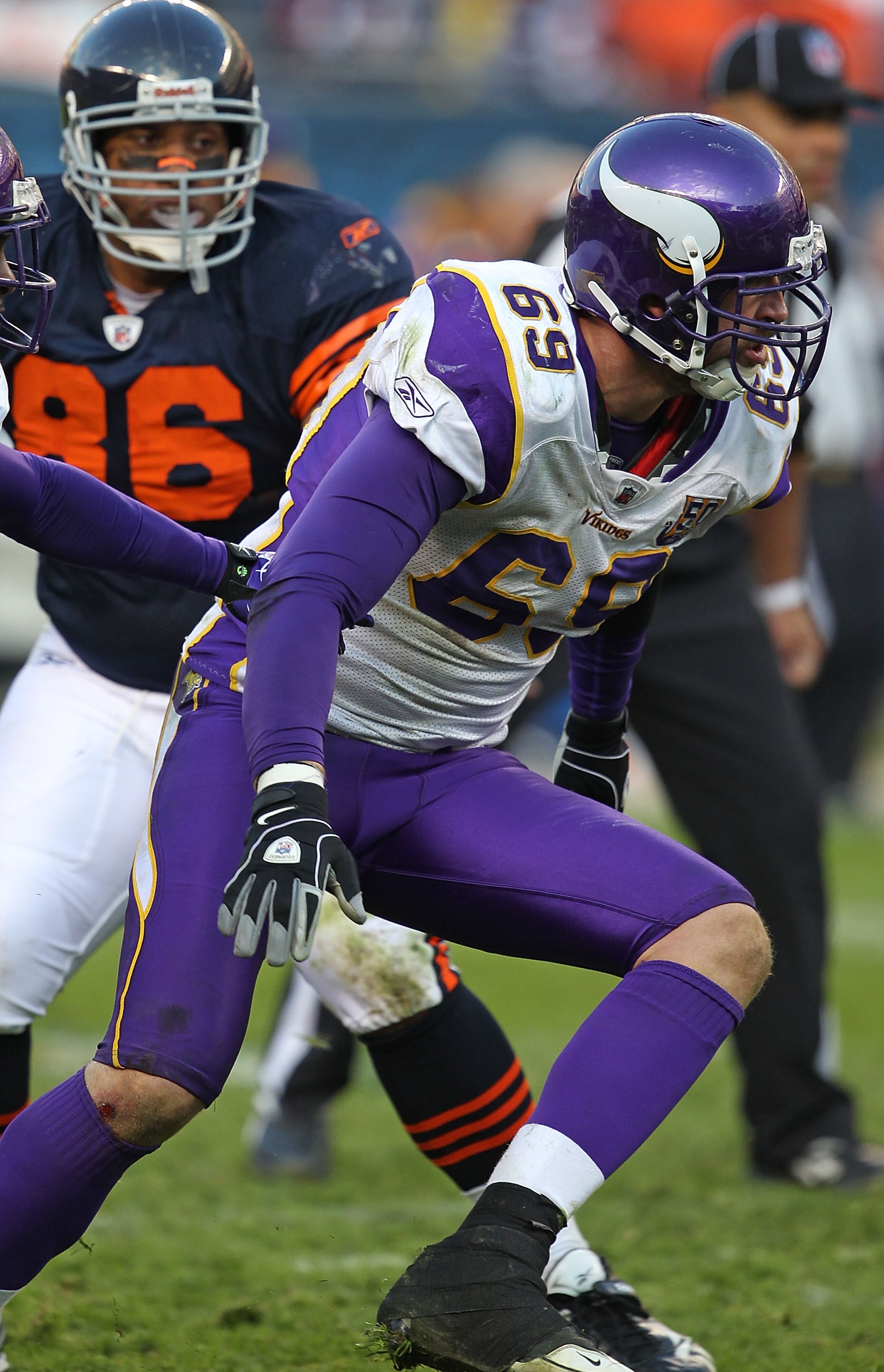 CHICAGO - NOVEMBER 14: Jared Allen #69 of the Minnesota Vikings rushes past Brandon Manumaleuna #86 of the Chicago Bears at Soldier Field on November 14, 2010 in Chicago, Illinois. The Bears defeated the Vikings 27-13. (Photo by Jonathan Daniel/Getty Imag