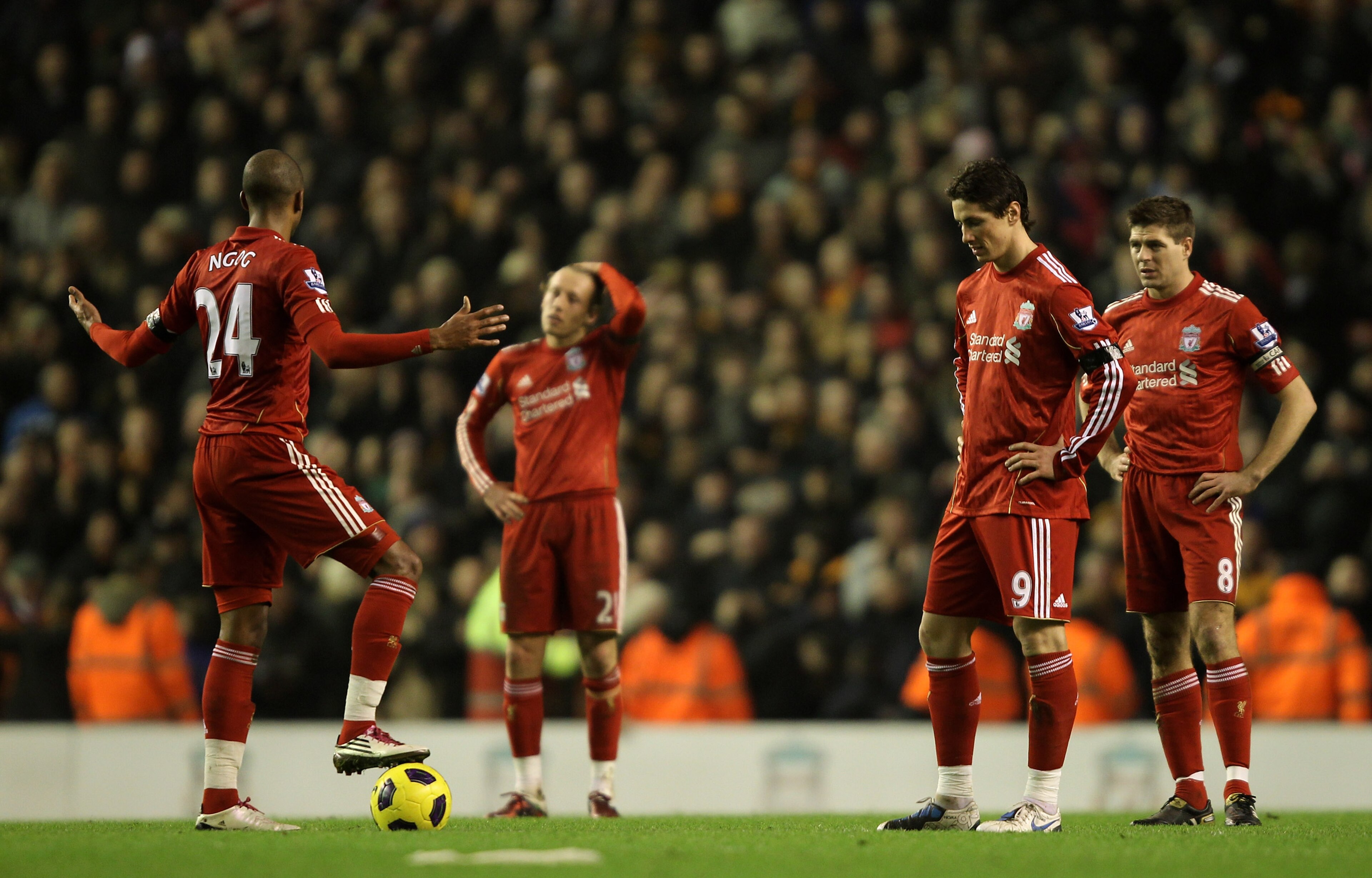 LIVERPOOL, ENGLAND - DECEMBER 29: David Ngog, Lucas, Fernando Torres and Steven Gerrard (R) of Liverpool look dejected after Wolverhampton Wanderers opened the scoring during the Barclays Premier League match between Liverpool and Wolverhampton Wanderers LIVERPOOL, ENGLAND - DECEMBER 29: David Ngog, Lucas, Fernando Torres and Steven Gerrard (R) of Liverpool look dejected after Wolverhampton Wanderers opened the scoring during the Barclays Premier League match between Liverpool and Wolverhampton Wanderers