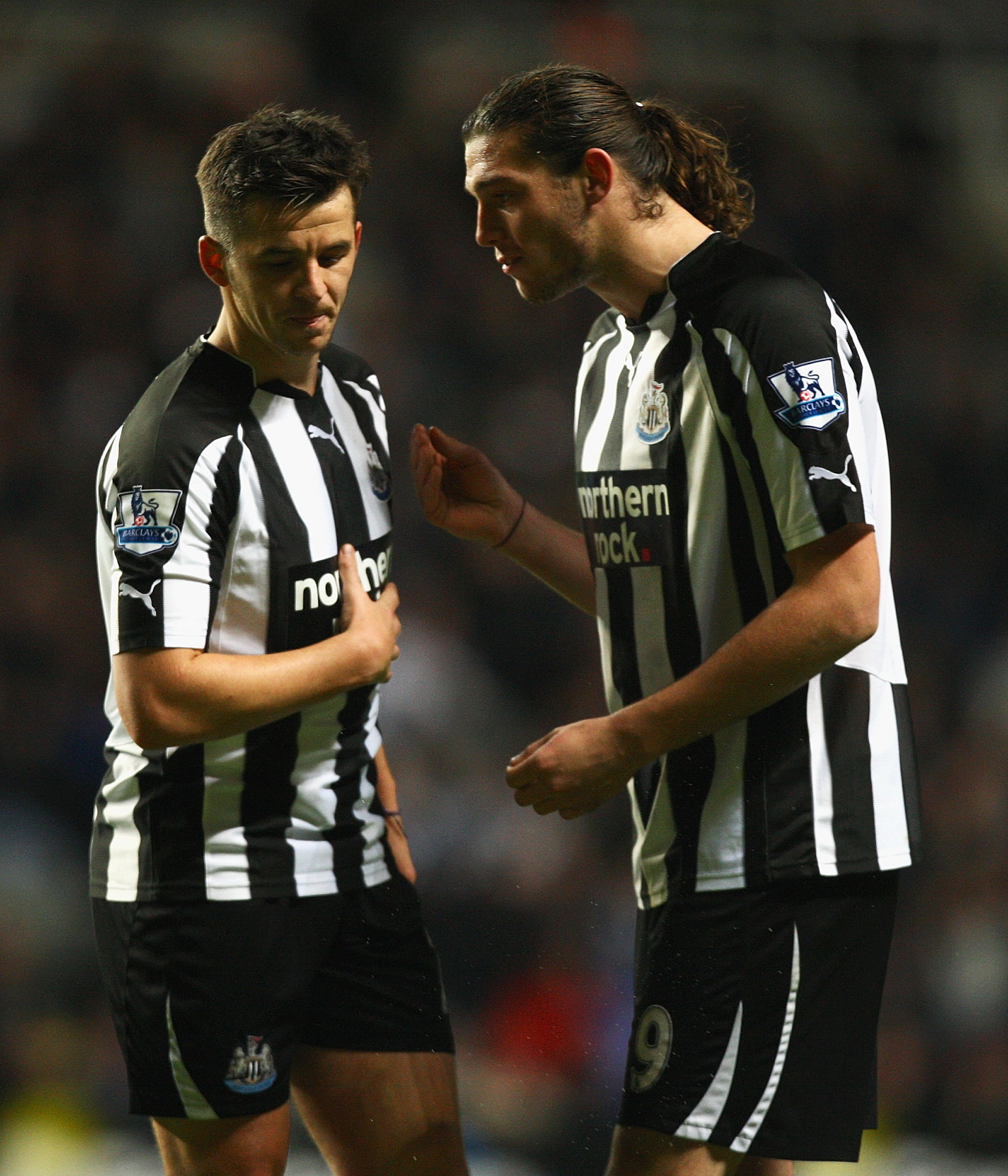 NEWCASTLE UPON TYNE, ENGLAND - NOVEMBER 10:  Joey Barton and Andy Caroll of Newcastle talk during the Barclays Premier League match between Newcastle United and Blackburn Rovers at St James' Park on November 10, 2010 in Newcastle upon Tyne, England.  (Pho