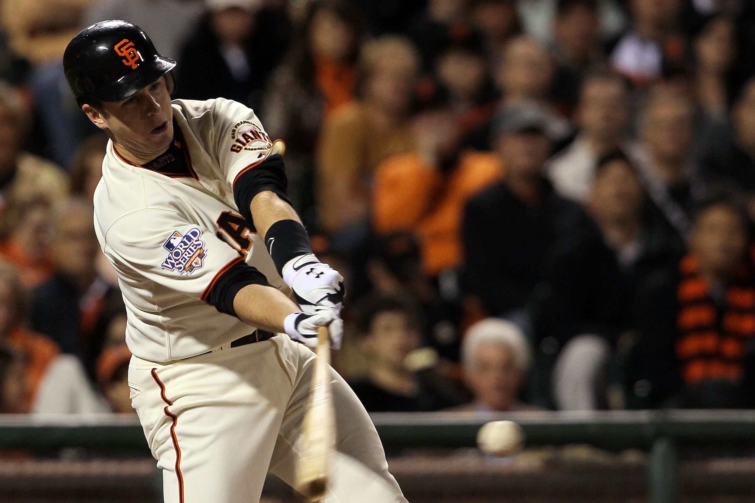 SAN FRANCISCO - OCTOBER 28:  Buster Posey #28 of the San Francisco Giants singles in the eighth inning while taking on the Texas Rangers in Game Two of the 2010 MLB World Series at AT&T Park on October 28, 2010 in San Francisco, California.  (Photo by Jus