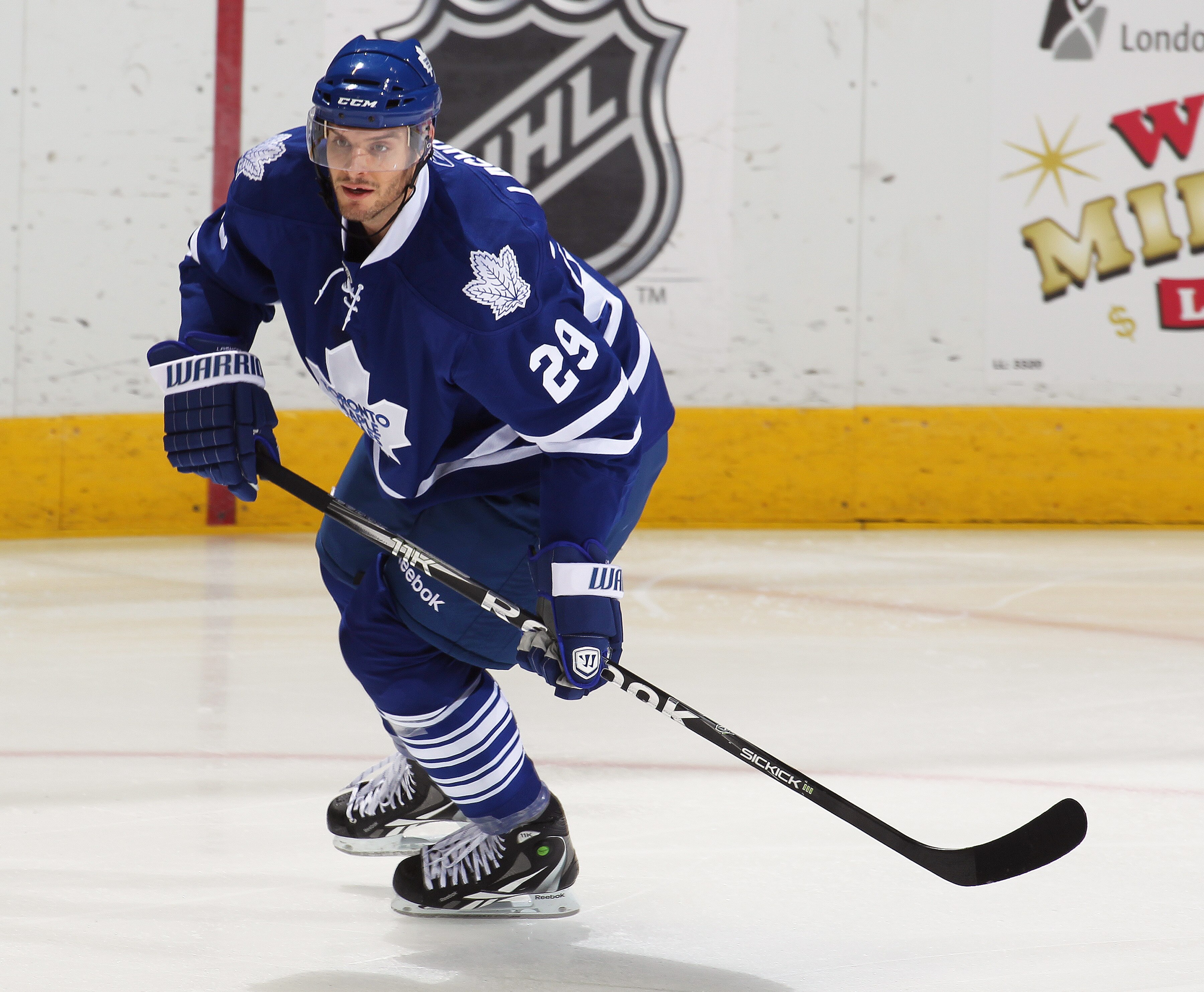 LONDON,ON - SEPTEMBER 23: Matt Lashoff #29 of the Toronto Maple Leafs skates in a pre-season game against the Philadelphia Flyers on September 23,2010 at the John Labatt Centre in London, Ontario. The Leafs defeated the Flyers 3-2 in a shoot-out. (Photo b