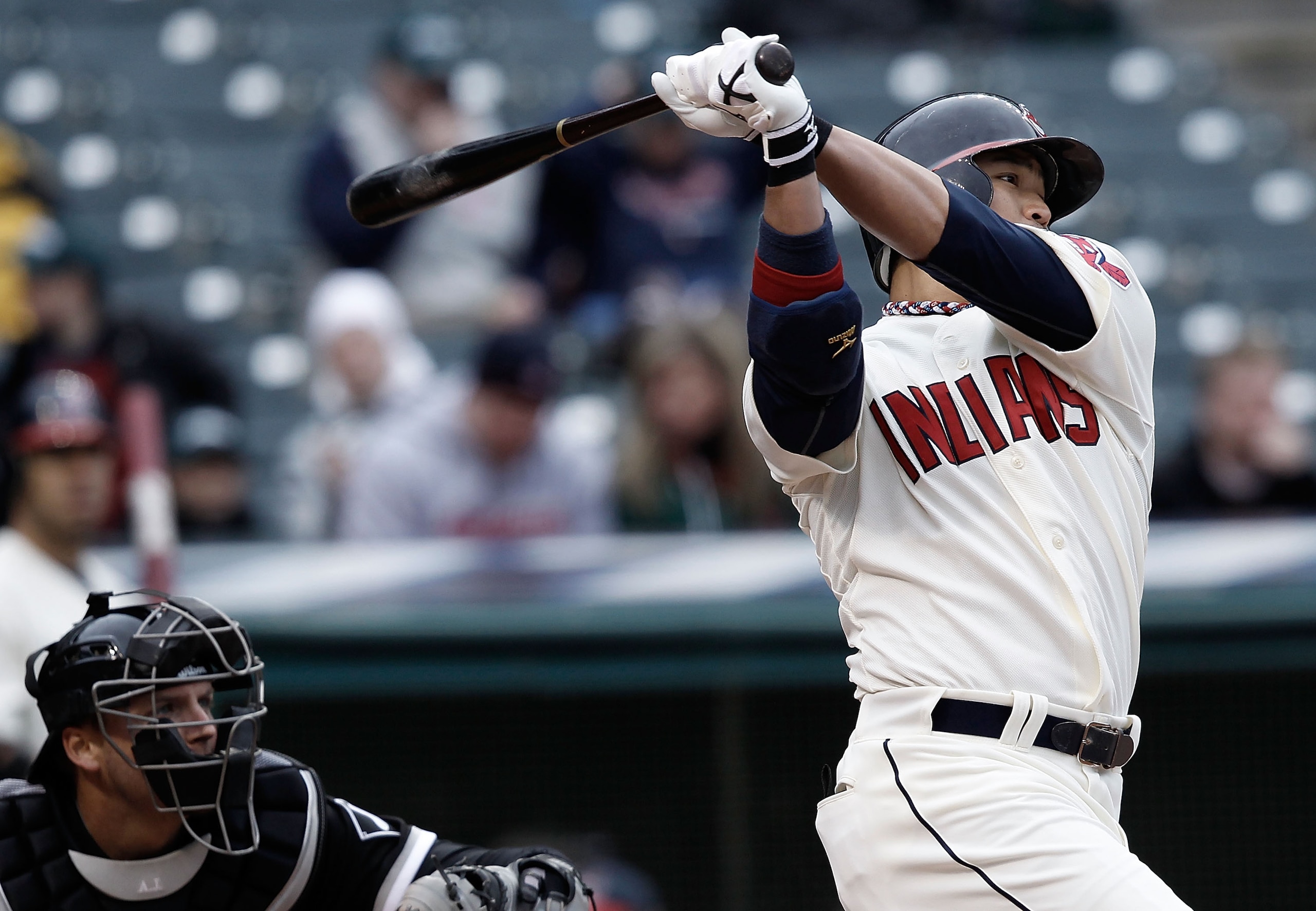 CLEVELAND, OH- APRIL 17: Shin-Soo Choo #17 of the Cleveland Indians hits an RBI double against the Chicago White Sox during the game on April 17, 2010 at Progressive Field in Cleveland, Ohio.  (Photo by Jared Wickerham/Getty Images)