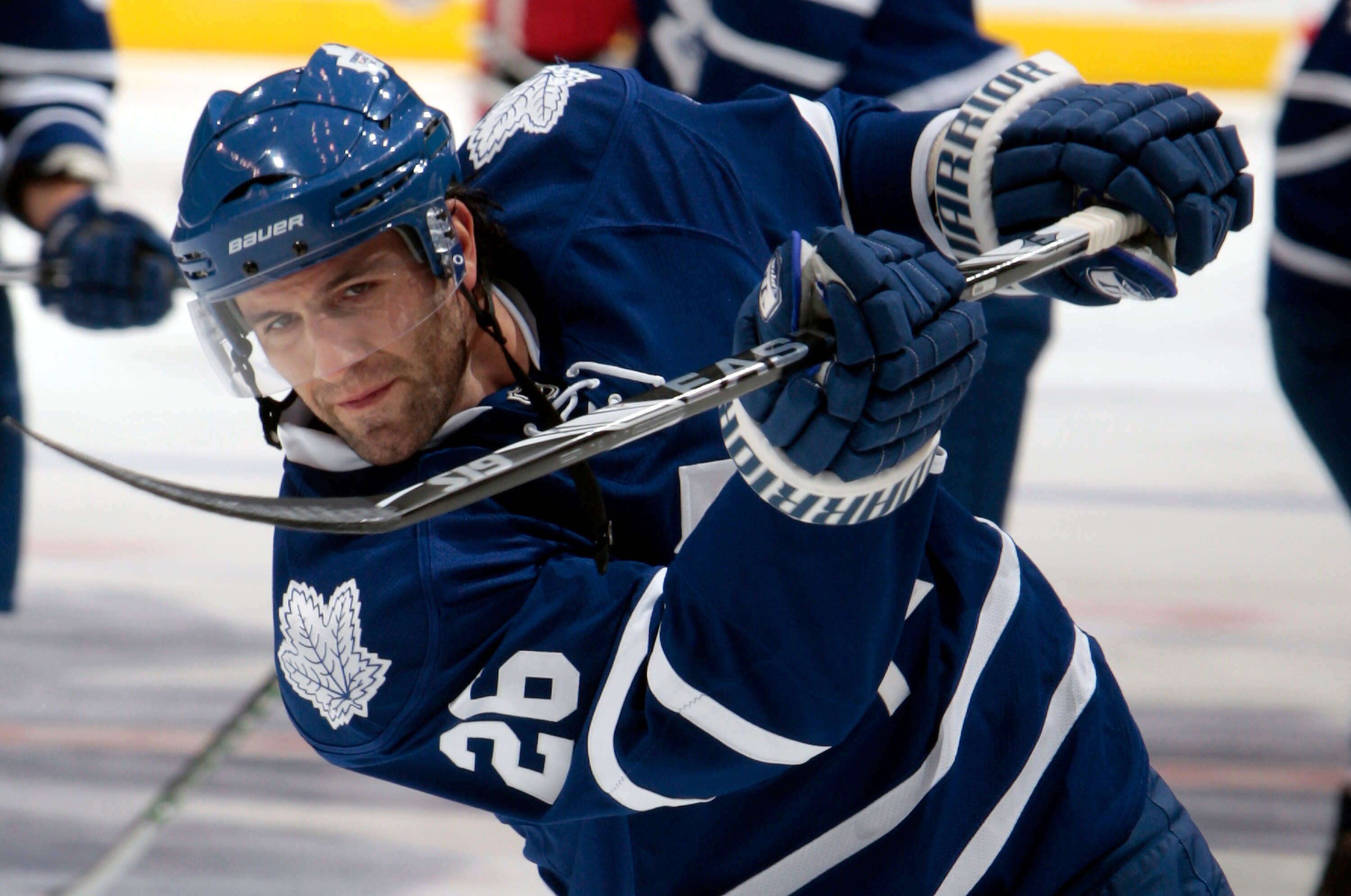TORONTO - OCTOBER 2: Mike Zigomanis #26 of the Toronto Maple Leafs shoots during warmup before playing the Detroit Red Wings during a preseason NHL game at the Air Canada Centre October 2, 2010 in Toronto, Ontario, Canada. (Photo by Abelimages/Getty Image