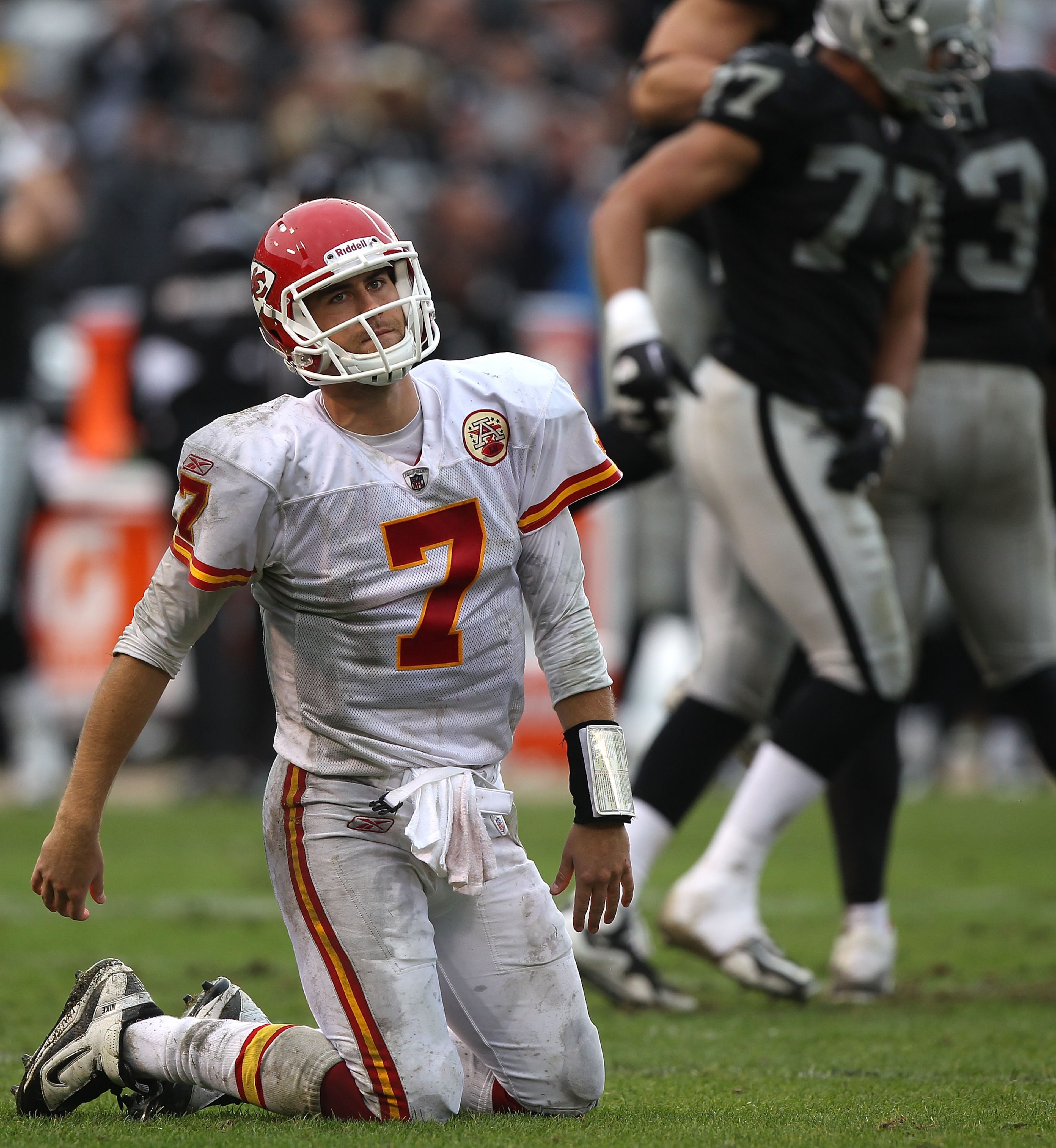 OAKLAND, CA - NOVEMBER 07:  Matt Cassel #7 of the Kansas City Chiefs is sacked against the Oakland Raiders during an NFL game at Oakland-Alameda County Coliseum on November 7, 2010 in Oakland, California.  (Photo by Jed Jacobsohn/Getty Images)