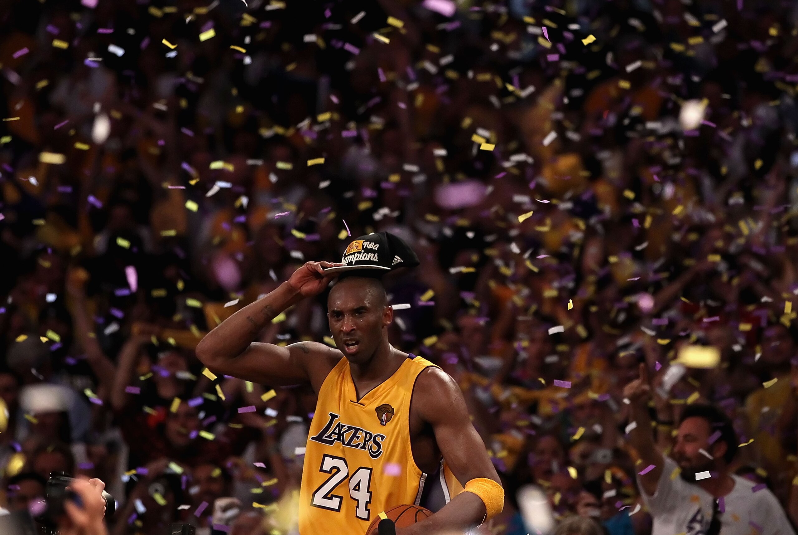 LOS ANGELES, CA - JUNE 17: Kobe Bryant #24 of the Los Angeles Lakers celebrates after the Lakers defeated the Boston Celtics in Game Seven of the 2010 NBA Finals at Staples Center on June 17, 2010 in Los Angeles, California. The Lakers defeated the Celti LOS ANGELES, CA - JUNE 17: Kobe Bryant #24 of the Los Angeles Lakers celebrates after the Lakers defeated the Boston Celtics in Game Seven of the 2010 NBA Finals at Staples Center on June 17, 2010 in Los Angeles, California. The Lakers defeated the Celti