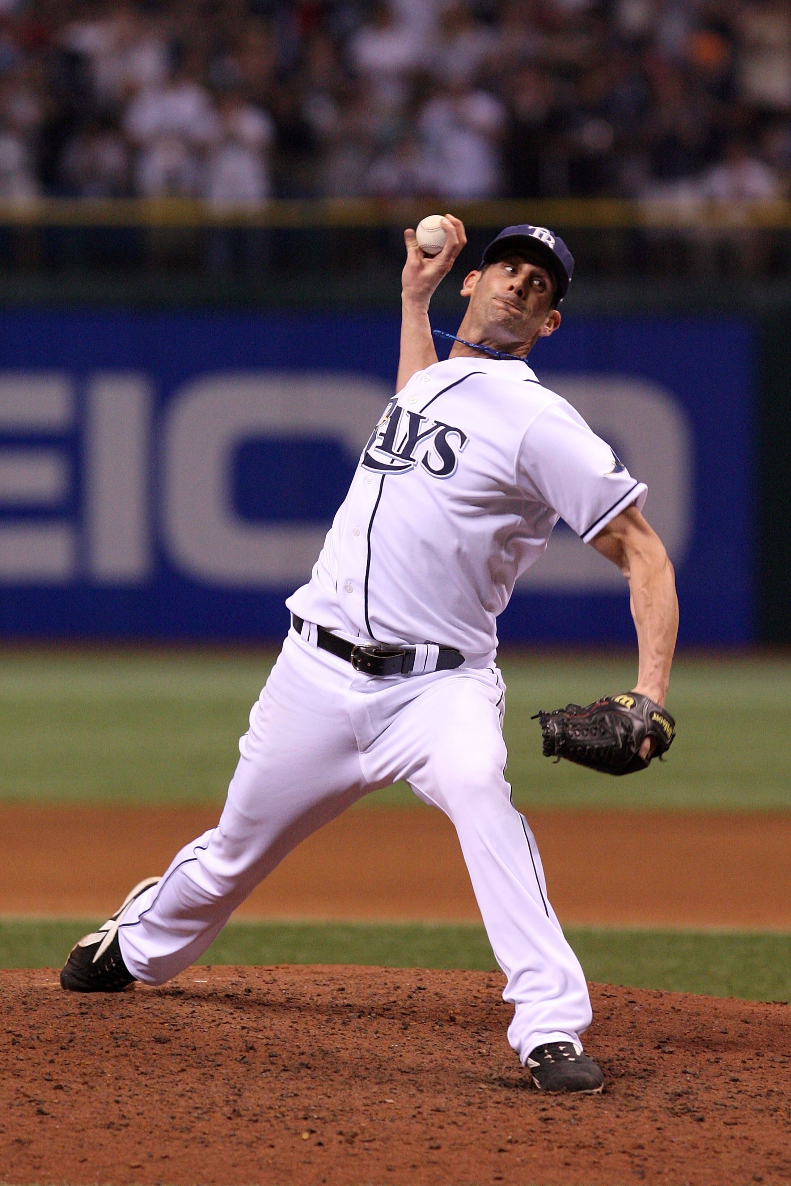 ST PETERSBURG, FL - OCTOBER 22:  Grant Balfour #50 of the Tampa Bay Rays pitches against the Philadelphia Phillies during game one of the 2008 MLB World Series on October 22, 2008 at Tropicana Field in St. Petersburg, Florida. The Phillies won 3-2.  (Phot