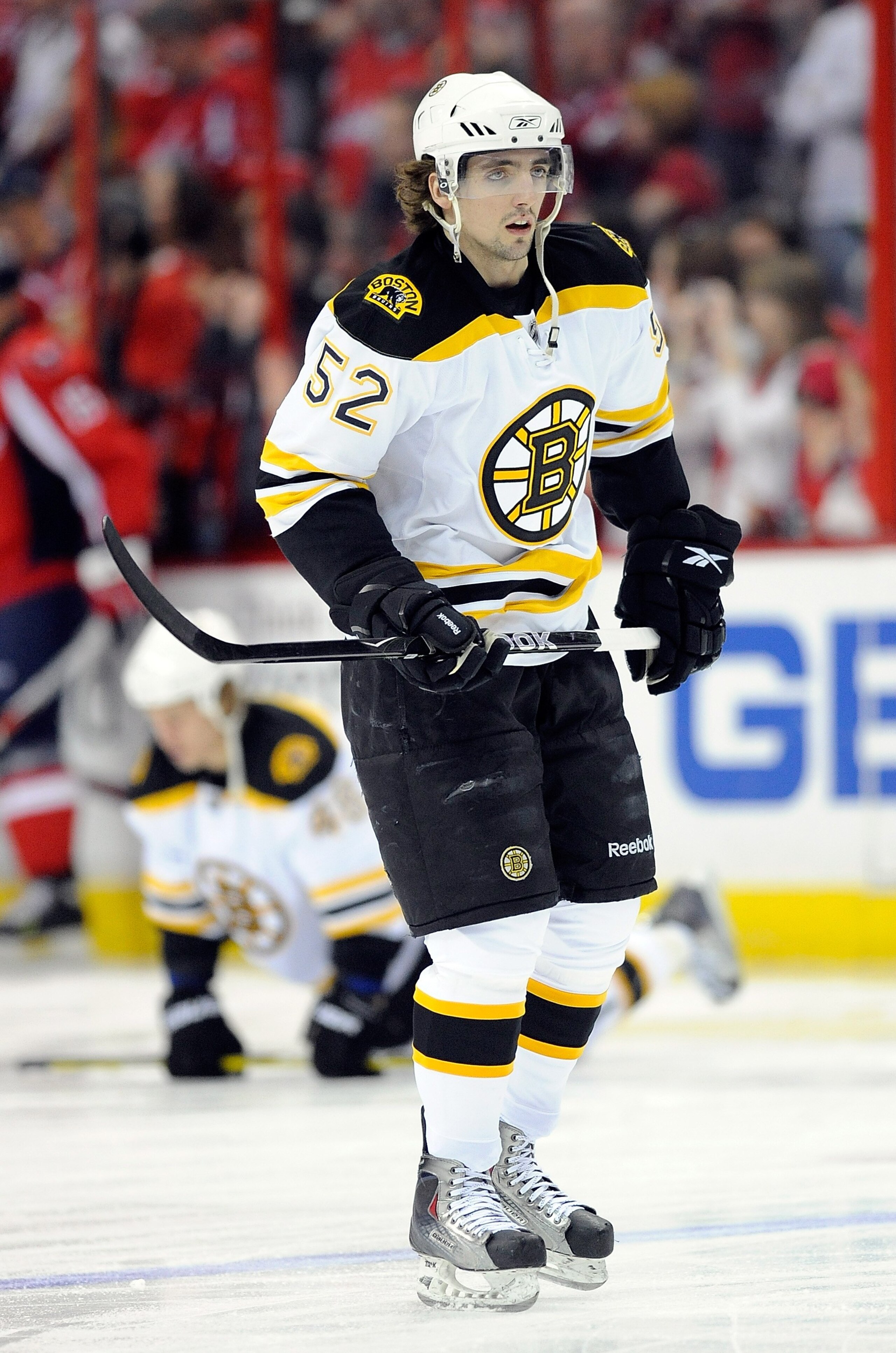 WASHINGTON - APRIL 11:  Zach Hamill #52 of the Boston Bruins warms up before the game against the Washington Capitals at the Verizon Center on April 11, 2010 in Washington, DC.  (Photo by Greg Fiume/Getty Images)