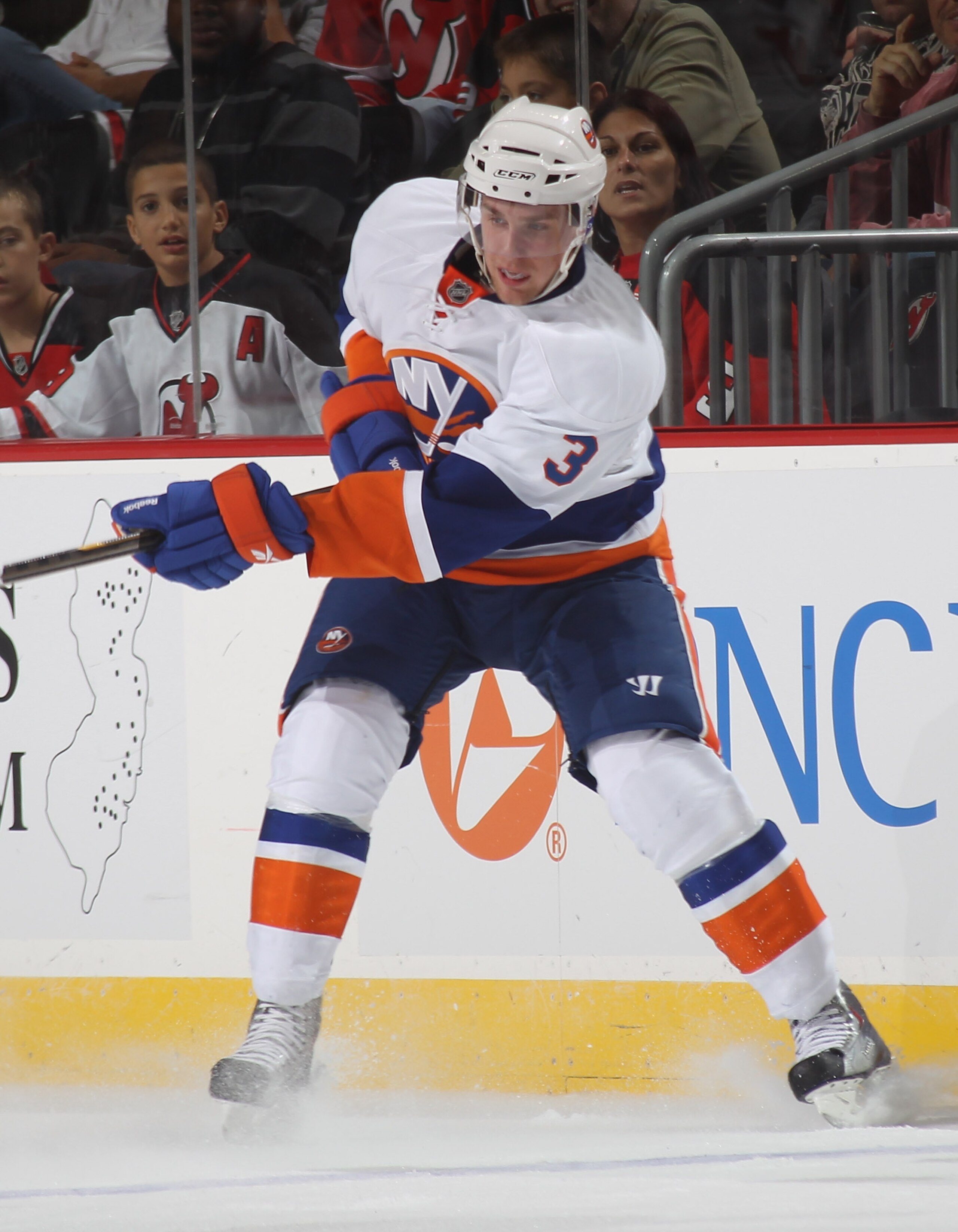 NEWARK, NJ - OCTOBER 01: Calvin de Haan #3 of the New York Islanders skates against the New Jersey Devils at the Prudential Center on October 1, 2010 in Newark, New Jersey.The Devils defeated the Islanders 4-3.  (Photo by Bruce Bennett/Getty Images)