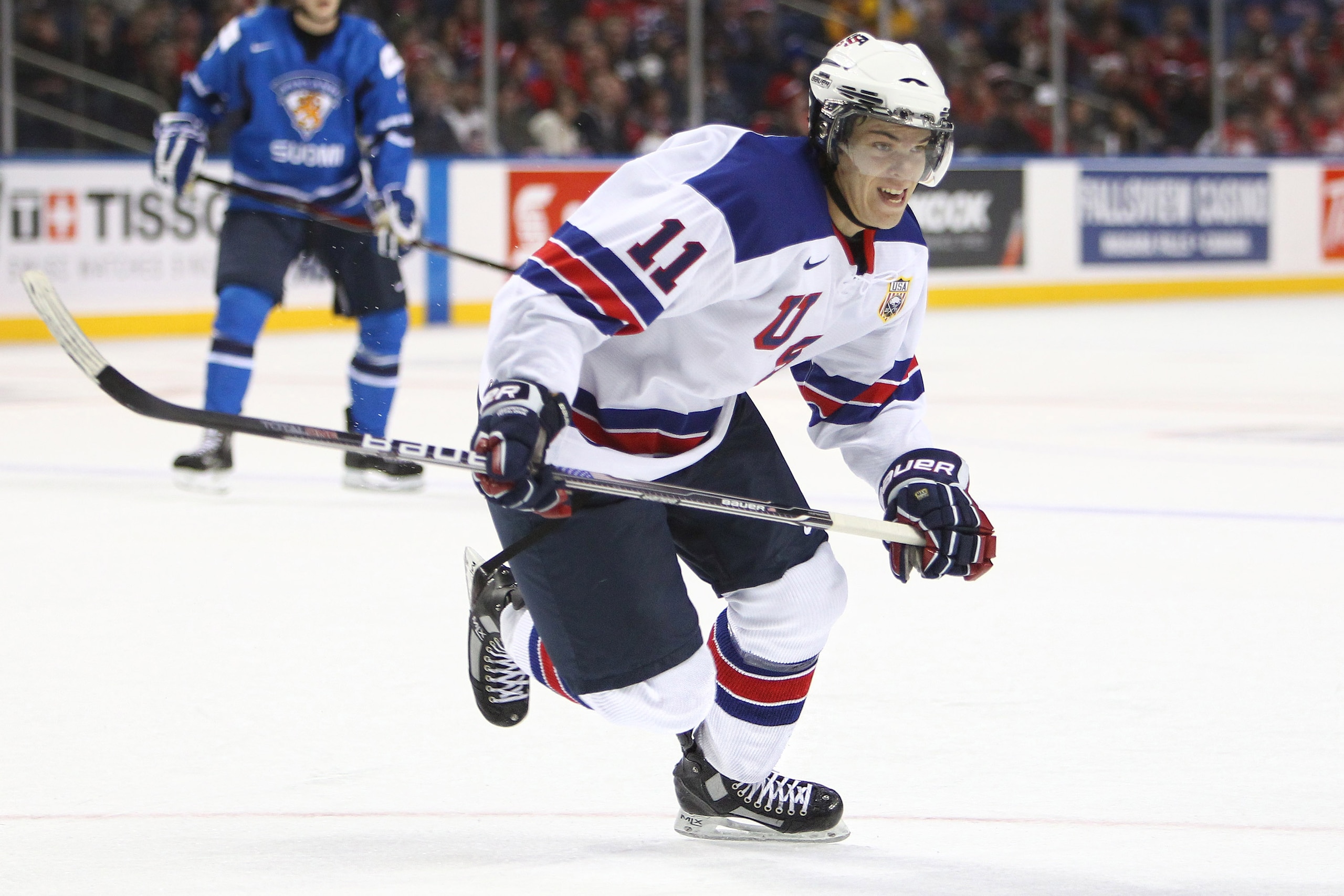 BUFFALO, NY - DECEMBER 26:  Jeremy Morin #11 of USA chases the puck during the 2011 IIHF World U20 Championship Group A game between USA and Finland on December 26, 2010 at HSBC Arena in Buffalo, New York. (Photo by Tom Szczerbowski/Getty Images)