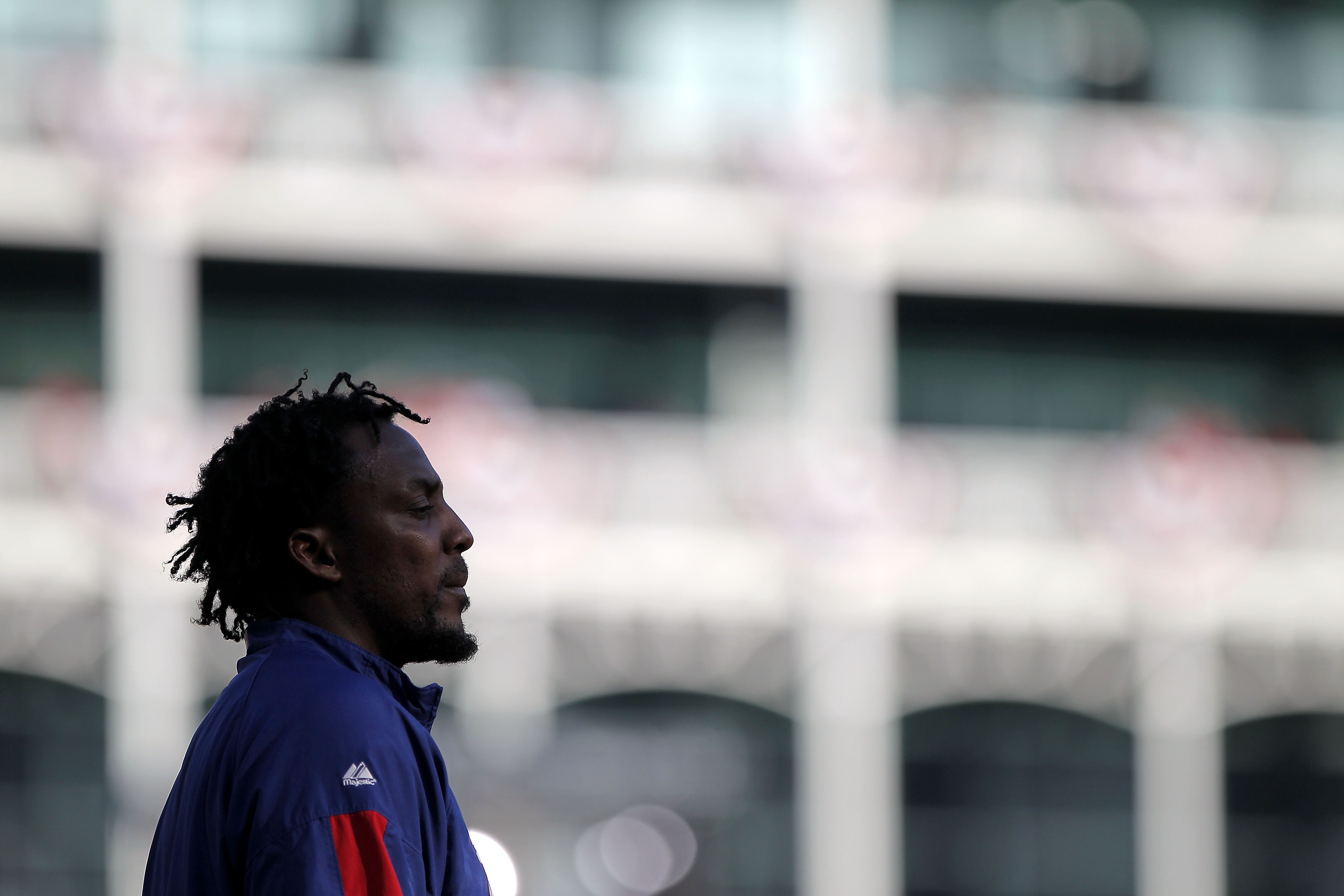 ARLINGTON, TX - NOVEMBER 01:  Vladimir Guerrero #27 of the Texas Rangers looks on during batting practice against the San Francisco Giants in Game Five of the 2010 MLB World Series at Rangers Ballpark in Arlington on November 1, 2010 in Arlington, Texas. 
