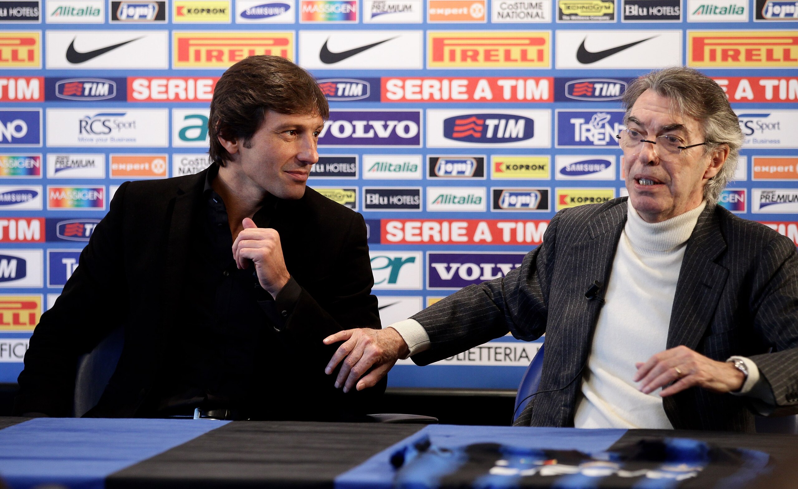 COMO, ITALY - DECEMBER 29:  Leonardo (L) and Massimo Moratti (R) attend a press conference during the unveiling of Fc Internazionale Milano new coach at Centro Sportivo Angelo Moratti on December 29, 2010 in Appiano Gentile near Como, Italy.  (Photo by Vi