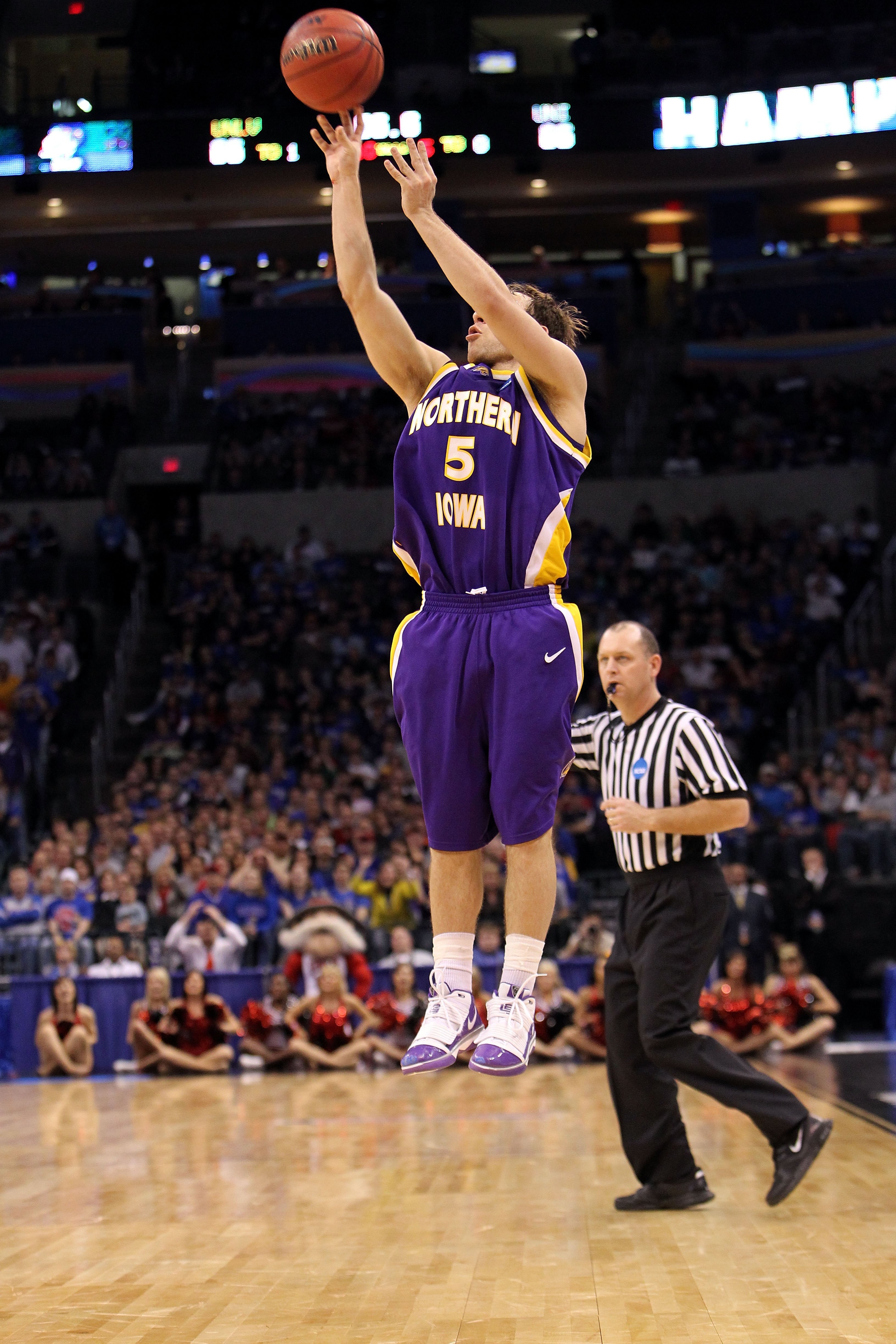OKLAHOMA CITY - MARCH 18:  Ali Farokhmanesh #5 of the Northern Iowa Panthers shoots and makes a 3-point shot with less then :10 seconds to go in the game to put UNI up 69-66 against the UNLV Rebels during the first round of the 2010 NCAA men's basketball