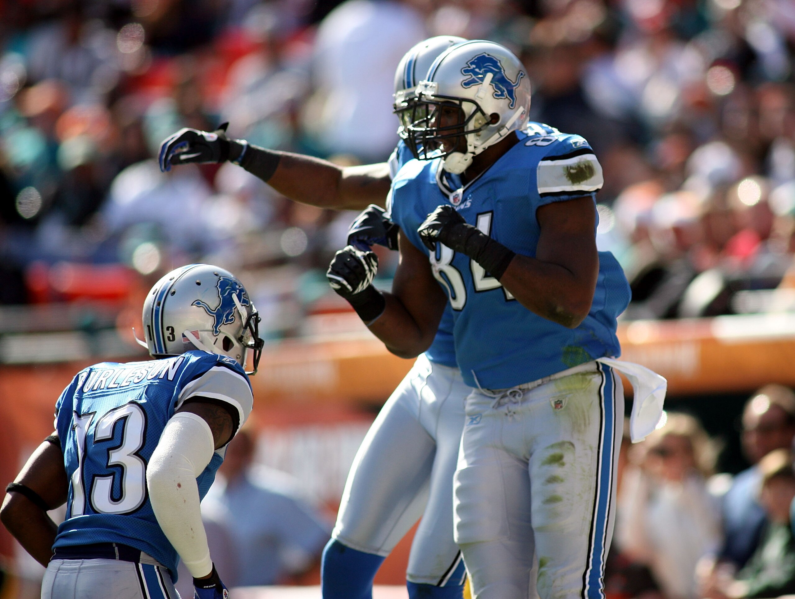MIAMI - DECEMBER 26:  Tight end Brandon Pettigrew #84 of the Detroit Lions celebrates a touchdown against the Miami Dolphins at Sun Life Stadium on December 26, 2010 in Miami, Florida. The Lions defeated the Dolphins 34-27.  (Photo by Marc Serota/Getty Im