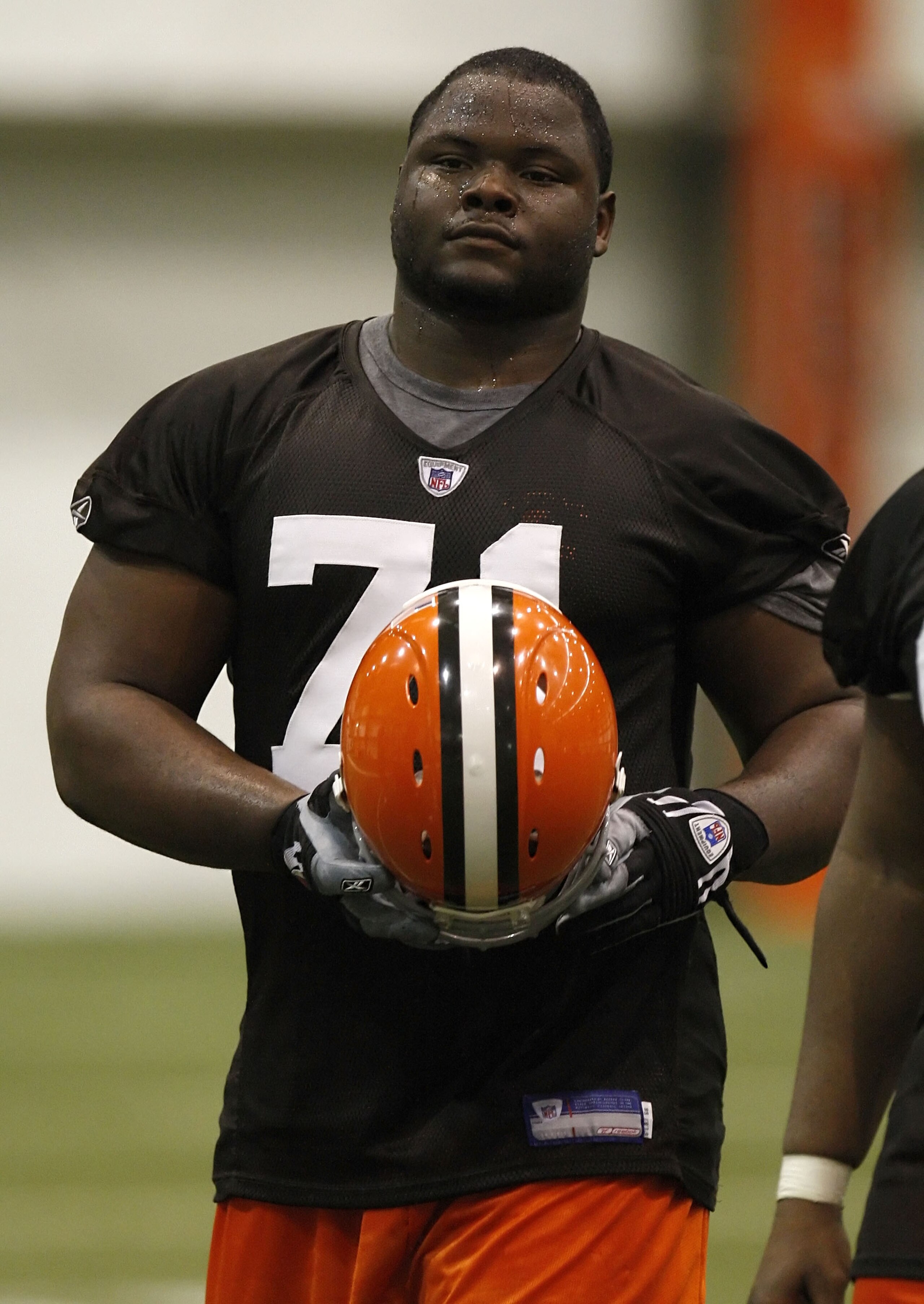 BEREA, OH - MAY 02: Ahtyba Rubin #71 of the Cleveland Browns pulls off his helmet during rookie training camp at the Cleveland Browns Training and Administrative Complex on May 2, 2008 in Berea, Ohio.  (Photo by Gregory Shamus/Getty Images)
