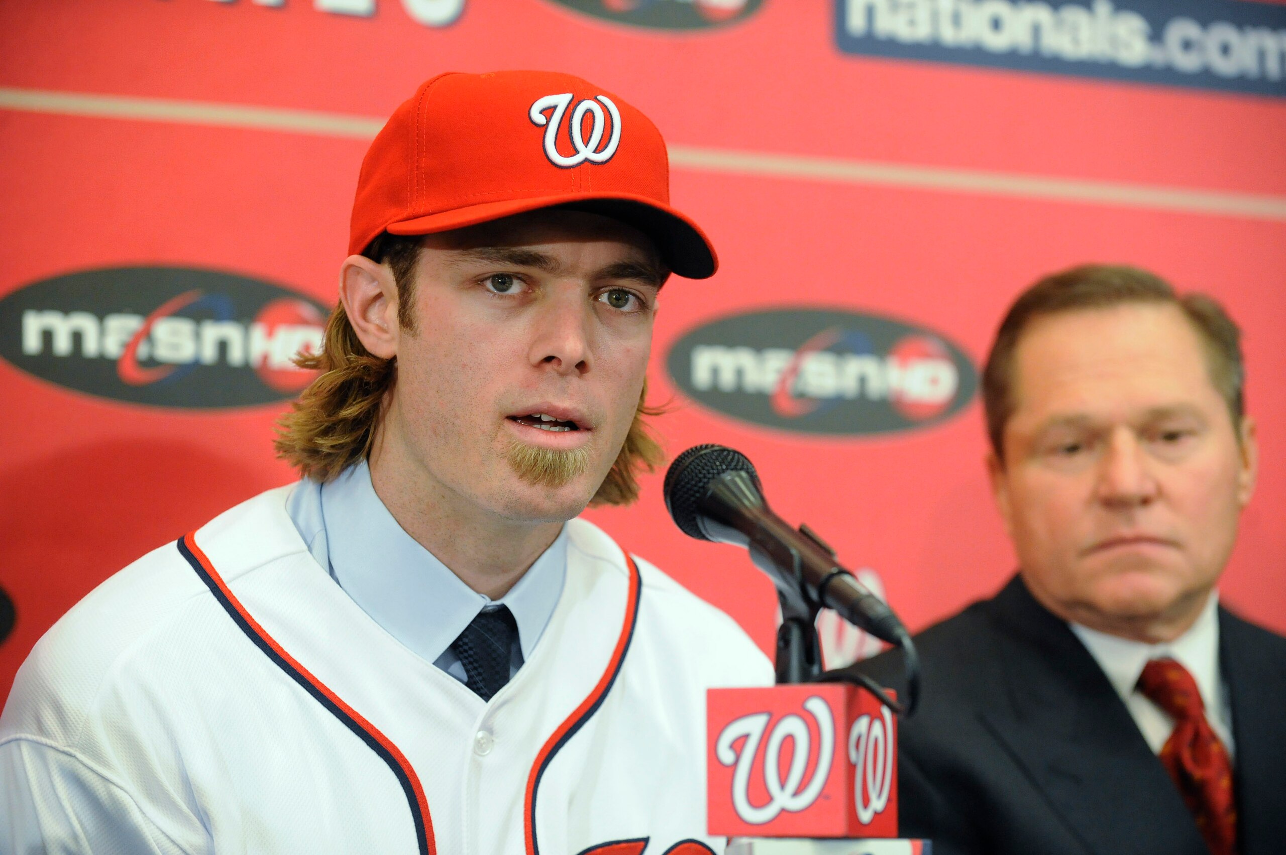 WASHINGTON, DC - DECEMBER 15: Jayson Werth #28 of the Washington Nationals speaks as he is introduced to the media on December 15, 2010 at Nationals Park in Washington, DC. (Photo by Mitchell Layton/Getty Images) WASHINGTON, DC - DECEMBER 15: Jayson Werth #28 of the Washington Nationals speaks as he is introduced to the media on December 15, 2010 at Nationals Park in Washington, DC. (Photo by Mitchell Layton/Getty Images)