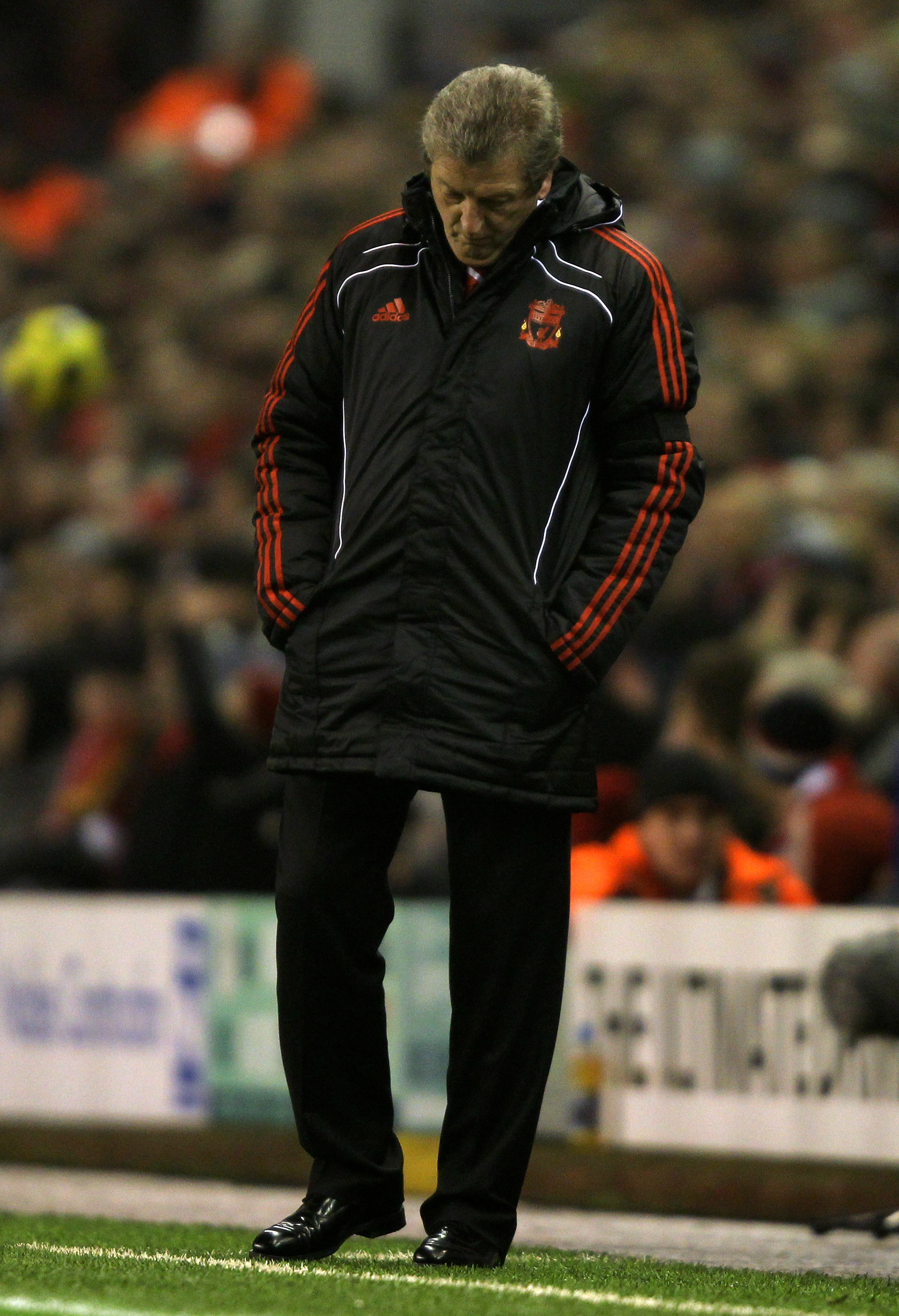 LIVERPOOL, ENGLAND - DECEMBER 29:  Liverpool Manager Roy Hodgson looks dejected during the Barclays Premier League match between Liverpool and Wolverhampton Wanderers at Anfield on December 29, 2010 in Liverpool, England.  (Photo by Clive Brunskill/Getty