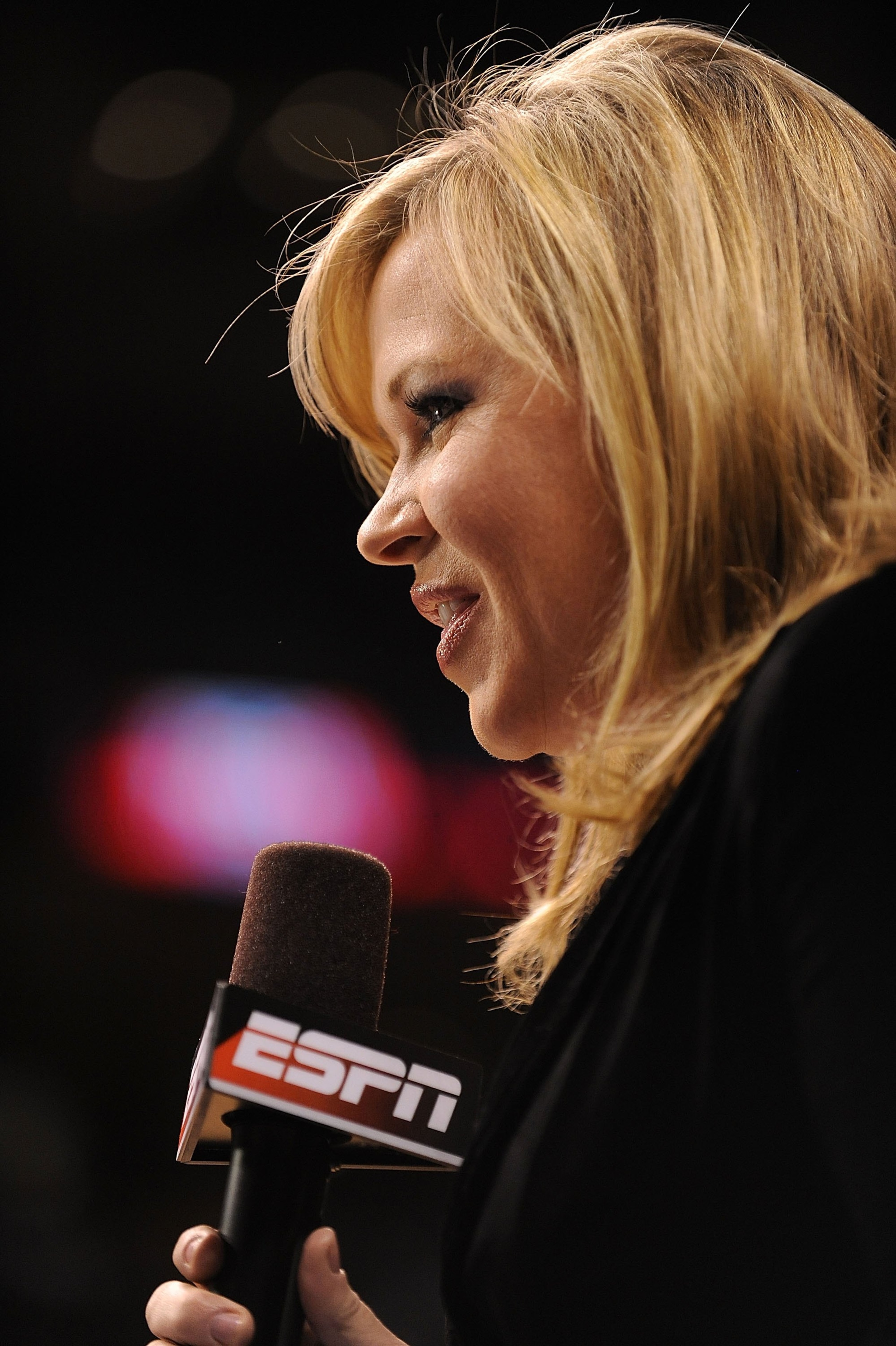 OKLAHOMA CITY - MARCH 14:  ESPN reporter Holly Rowe during the Phillips 66 Big 12 Men's Basketball Championship finals at the Ford Center March 14, 2009 in Oklahoma City, Oklahoma.  (Photo by Ronald Martinez/Getty Images)