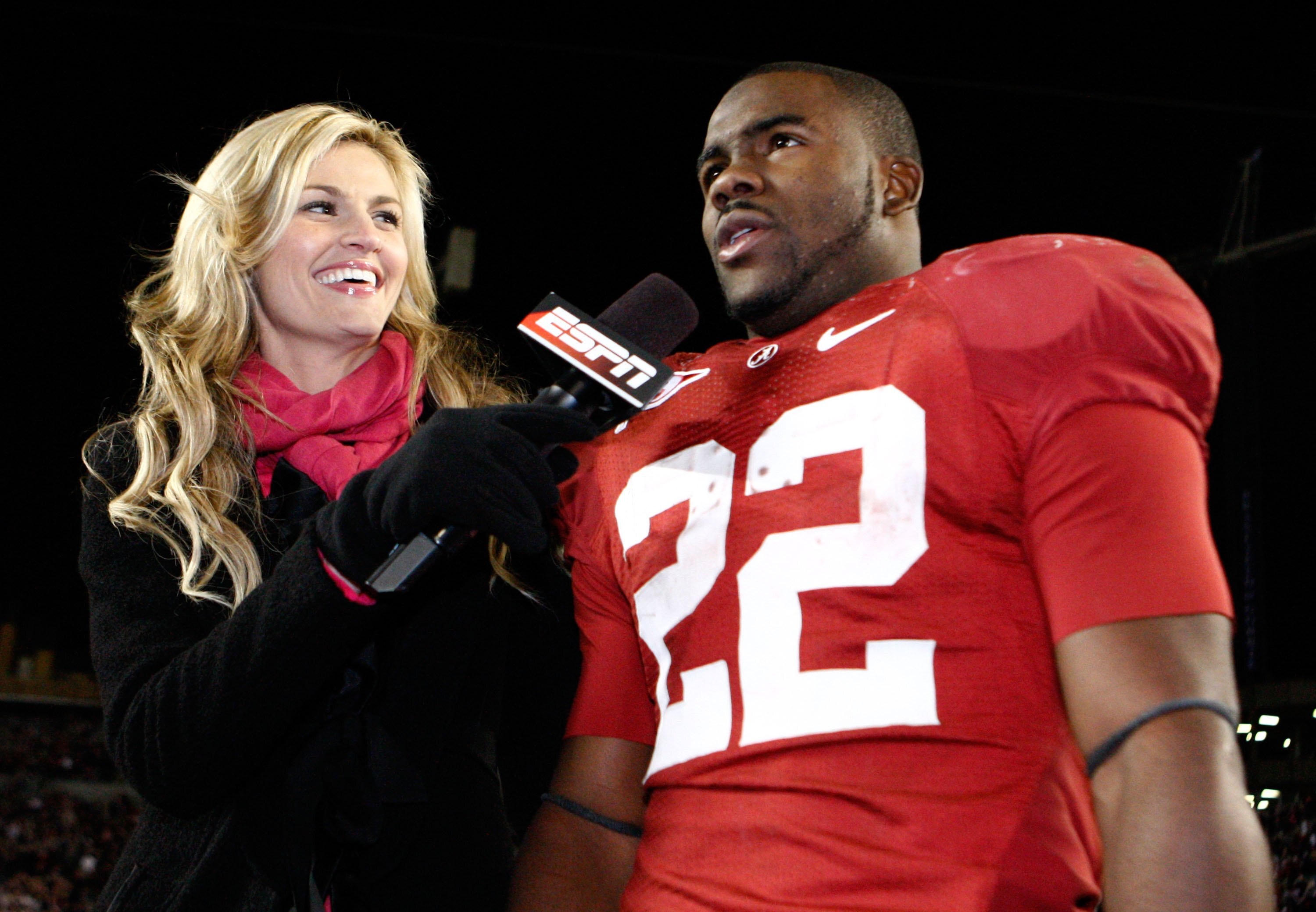 TUSCALOOSA - OCTOBER 17:  ESPN sideline reporter Erin Andrews interviews running back Mark Ingram #22 of the Alabama Crimson Tide after the game against the South Carolina Gamecocks at Bryant-Denny Stadium in Tuscaloosa, Alabama on October 17, 2009.  The