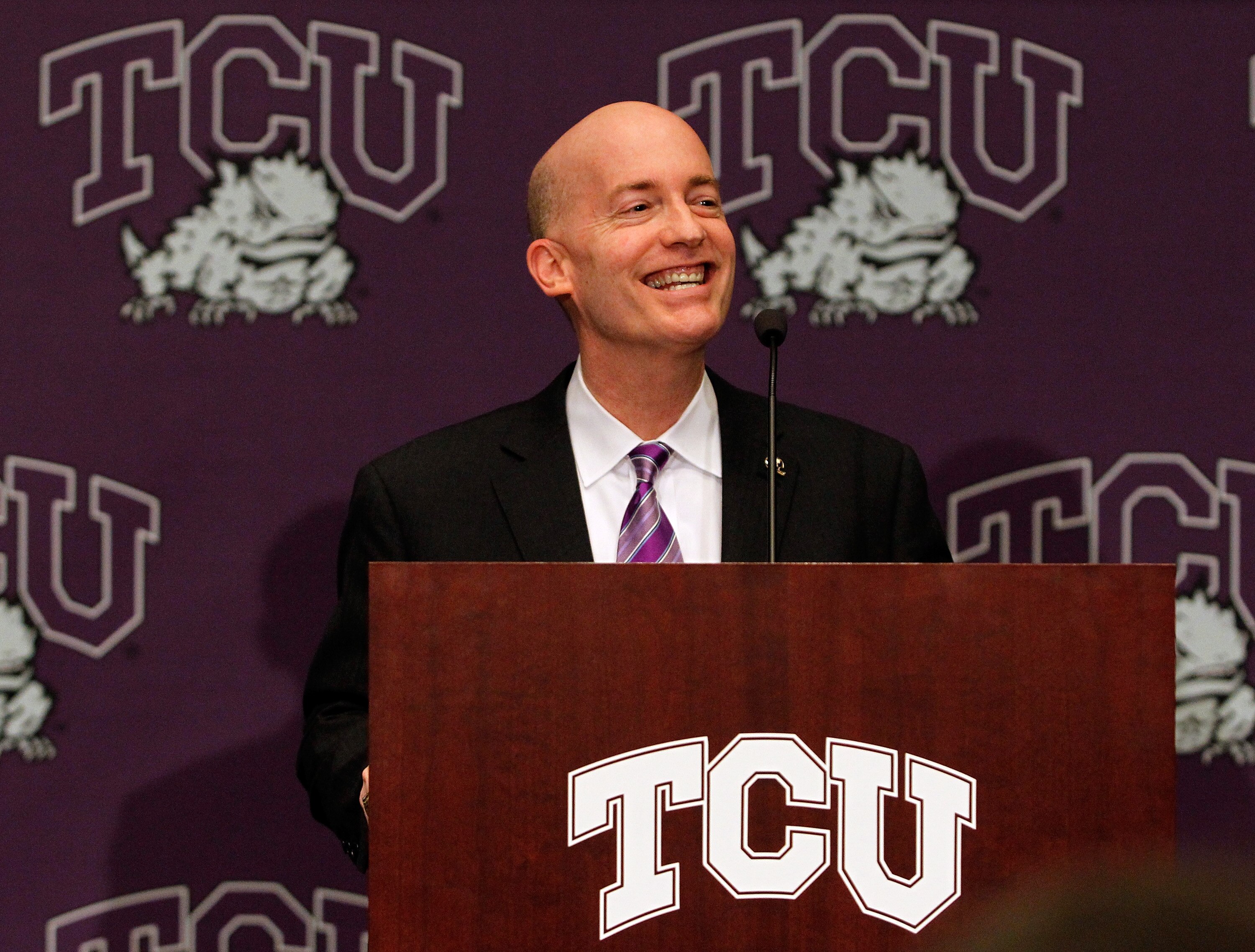DALLAS - NOVEMBER 29:  Texas Christian University Chancellor Dr. Victor J. Boschini, Jr. talks with the media after Texas Christian University accepted an invitation for full membership into The Big East Conference on November 29, 2010 in Fort Worth, Texa