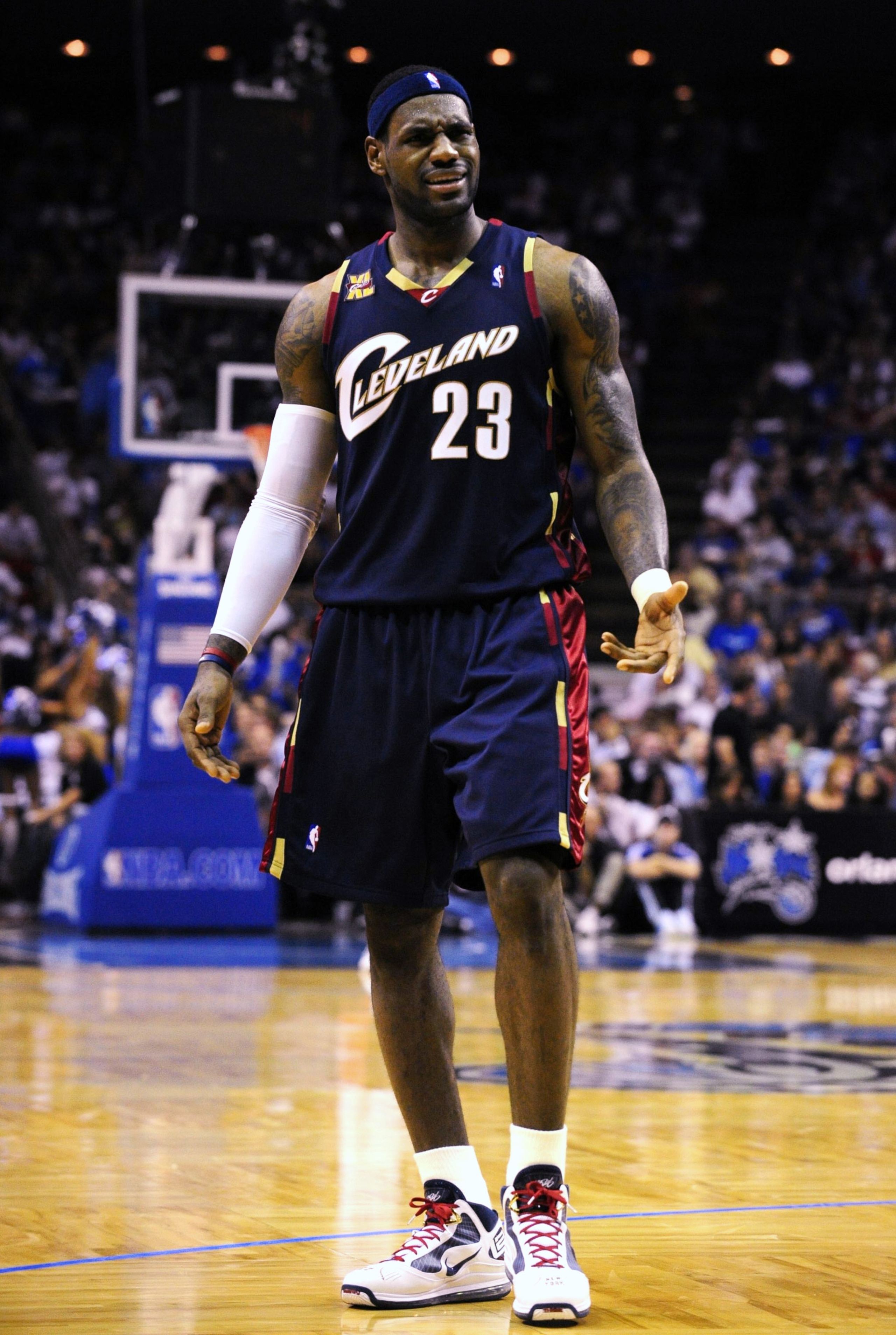 ORLANDO, FL - NOVEMBER 11:  LeBron James #23 of the Cleveland Cavaliers reacts to a call during the game against the Orlando Magic on November 11, 2009 at Amway Arena in Orlando, Florida. NOTE TO USER: User expressly acknowledges and agrees that, by downl