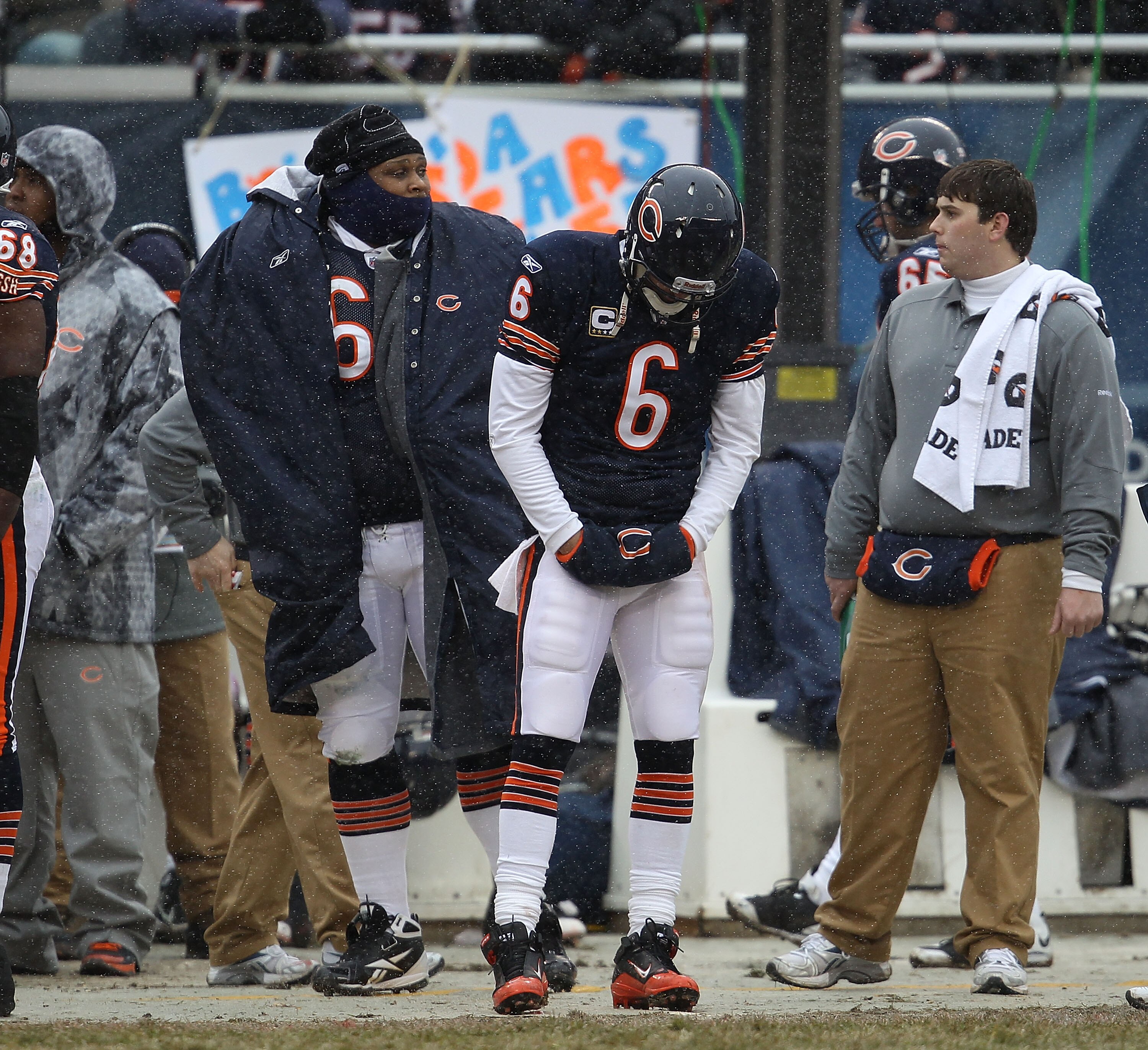 CHICAGO, IL - DECEMBER 26: Jay Cutler #6 of the Chicago Bears reacts on the sidelines after throwing an interception for a touchdown against the New York Jets at Soldier Field on December 26, 2010 in Chicago, Illinois. The Bears defeated the Jets 38-34. (