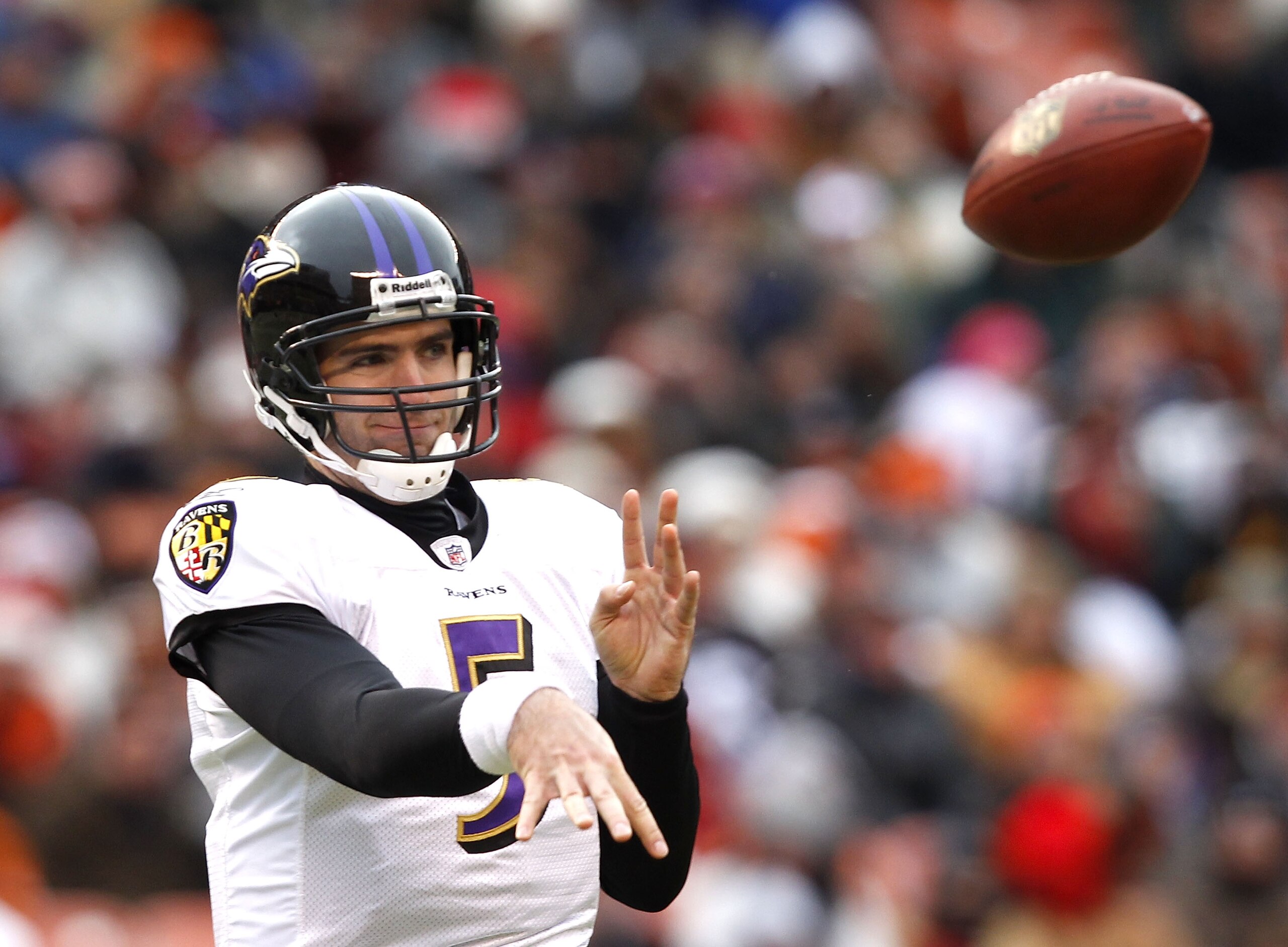 CLEVELAND - DECEMBER 26: Quarterback Joe Flacco #5 of the Baltimore Ravens throws to a receiver against the Cleveland Browns at Cleveland Browns Stadium on December 26, 2010 in Cleveland, Ohio. (Photo by Matt Sullivan/Getty Images) CLEVELAND - DECEMBER 26: Quarterback Joe Flacco #5 of the Baltimore Ravens throws to a receiver against the Cleveland Browns at Cleveland Browns Stadium on December 26, 2010 in Cleveland, Ohio. (Photo by Matt Sullivan/Getty Images)
