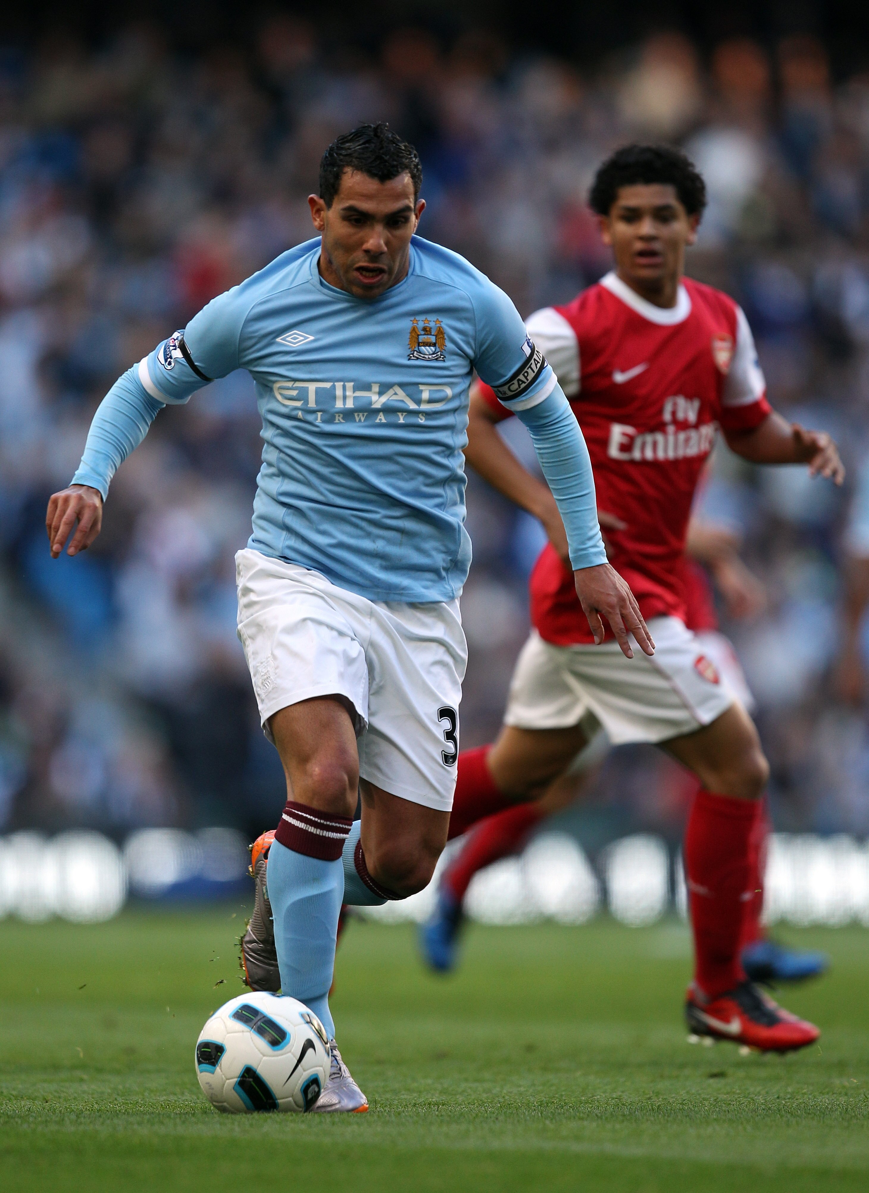 MANCHESTER, ENGLAND - OCTOBER 24:  Carlos Tevez of City in action during the Barclays Premier League match between Manchester City and Arsenal at City of Manchester Stadium on October 24, 2010 in Manchester, England.  (Photo by Richard Heathcote/Getty Ima