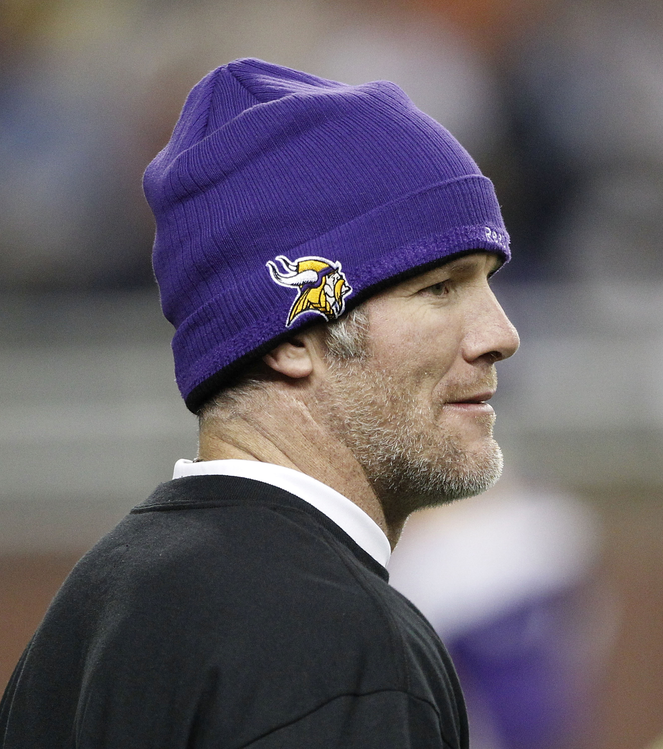 DETROIT, MI - DECEMBER 13: Brett Favre #4 of the Minnesota Vikings walks on the field during pre-game warm ups and will not dress for the game against the New York Giants on December 13, 2010 in Detroit, Michigan. (Photo by Leon Halip/Getty Images)