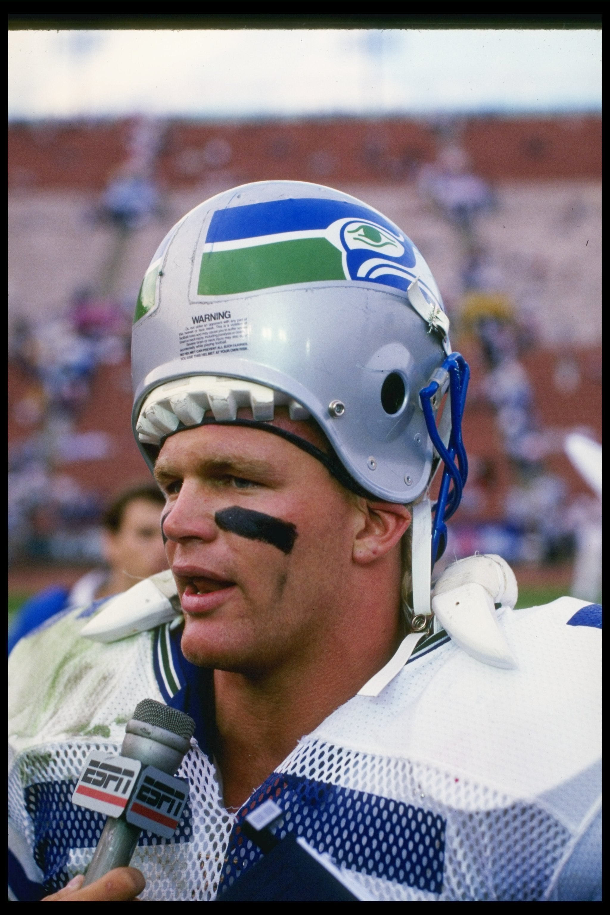 18 Dec 1988: Linebacker Brian Bosworth of the Seattle Seahawks looks on during a game against the Los Angeles Raiders at the Los Angeles Memorial Coliseum in Los Angeles, California. The Seahawks won the game, 43-37.