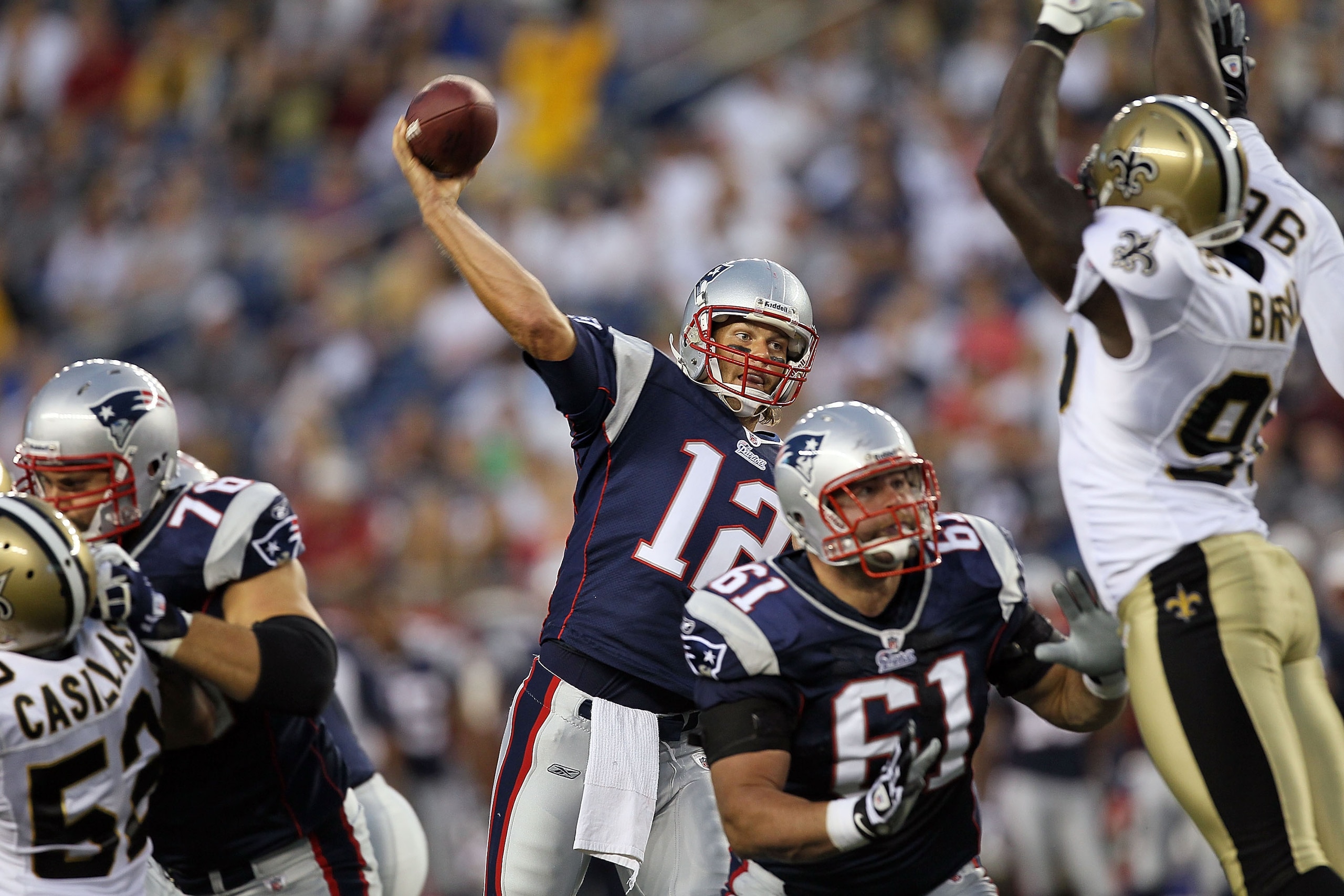 FOXBORO, MA - AUGUST 12: Tom Brady # 12 of the New England Patriots throws a pass during the preseason game against the New Orleans Saints at Gillette Stadium on August 12, 2010 in Foxboro, Massachusetts. (Photo by Jim Rogash/Getty Images)