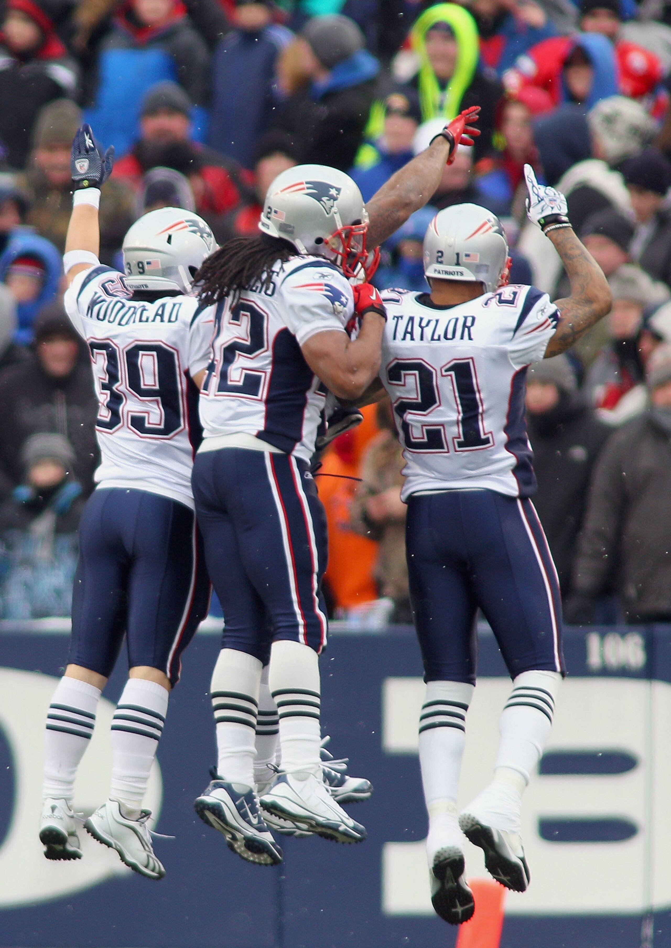 ORCHARD PARK, NY - DECEMBER 26: Danny Woodhead #39, Benjarvus Green-Ellis #42, and Fred Taylor #21 of the Patriots celebrate a touchdown in the first quarter against the Buffalo Bills at Ralph Wilson Stadium on December 26, 2010 in Orchard Park, New York ORCHARD PARK, NY - DECEMBER 26: Danny Woodhead #39, Benjarvus Green-Ellis #42, and Fred Taylor #21 of the Patriots celebrate a touchdown in the first quarter against the Buffalo Bills at Ralph Wilson Stadium on December 26, 2010 in Orchard Park, New York