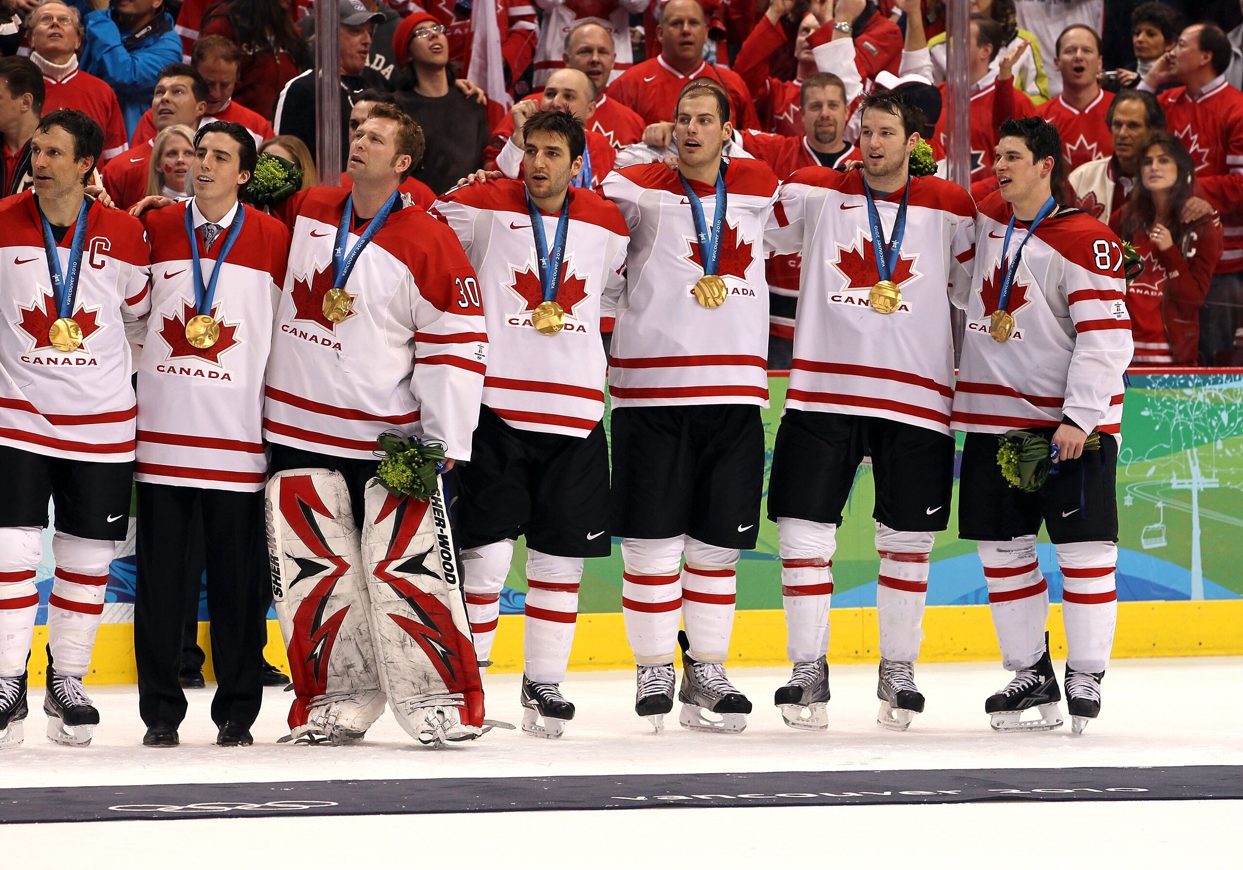 VANCOUVER, BC - FEBRUARY 28: (L-R) Captain Scott Niedermayer #27,third back-up goaltender Marc-Andre Fleury, goaltender Martin Brodeur #30, Patrice Bergeron #37, Ryan Getzlaf #51, Rick Nash #60 and Sidney Crosby #87 of Canada line up together prior to th VANCOUVER, BC - FEBRUARY 28: (L-R) Captain Scott Niedermayer #27,third back-up goaltender Marc-Andre Fleury, goaltender Martin Brodeur #30, Patrice Bergeron #37, Ryan Getzlaf #51, Rick Nash #60 and Sidney Crosby #87 of Canada line up together prior to th